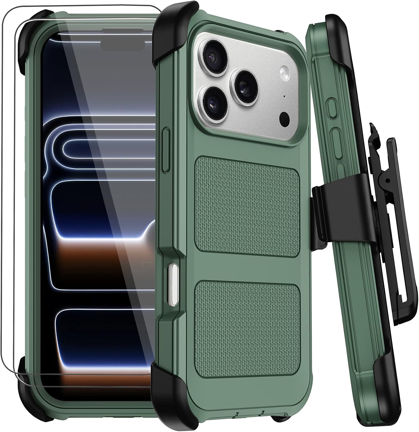 for iPhone 17 Pro Case with Belt Clip Holster,Anti-Drop Shockproof Bumper Phone Cases with 2X Screen Protectors & Kickstand,Rugged Heavy Duty Military Grade Protective Defender Cover (Dark Green)