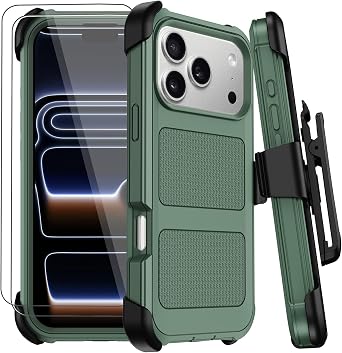 for iPhone 17 Pro Case with Belt Clip Holster,Anti-Drop Shockproof Bumper Phone Cases with 2X Screen Protectors & Kickstand,Rugged Heavy Duty Military Grade Protective Defender Cover Dark Green