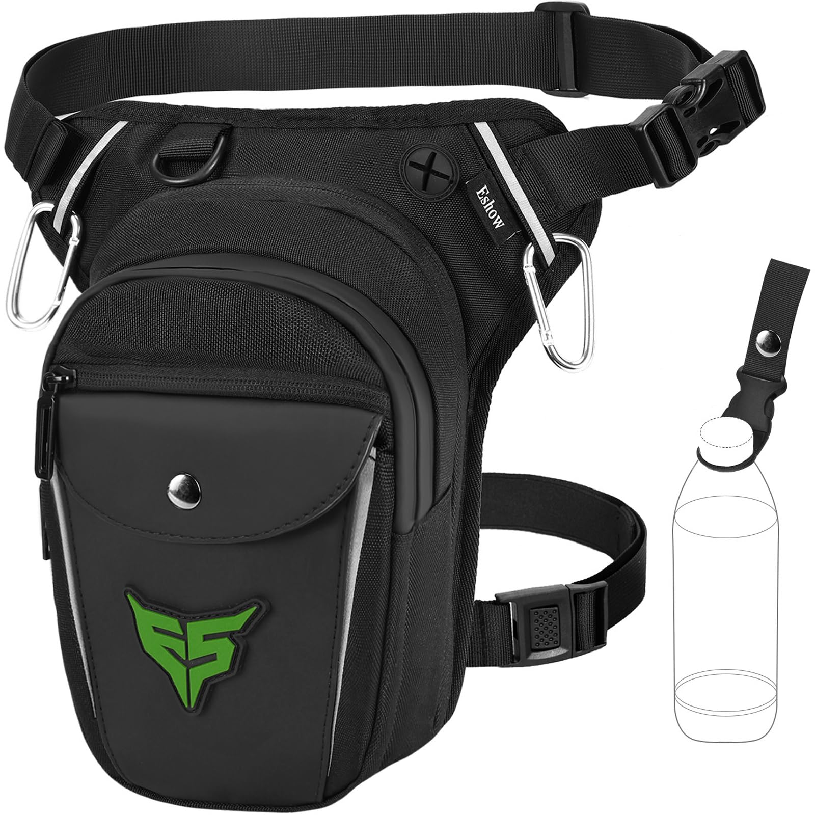 Eshow Marsupio da Gamba Moto, Borsa Cosciale Espandibile con Fibbia Borraccia e Striscia Riflettente per Uomo e Donna, Borsello Sportivo con Multitache per Trekking Ciclismo Viaggio Campeggio Pesca