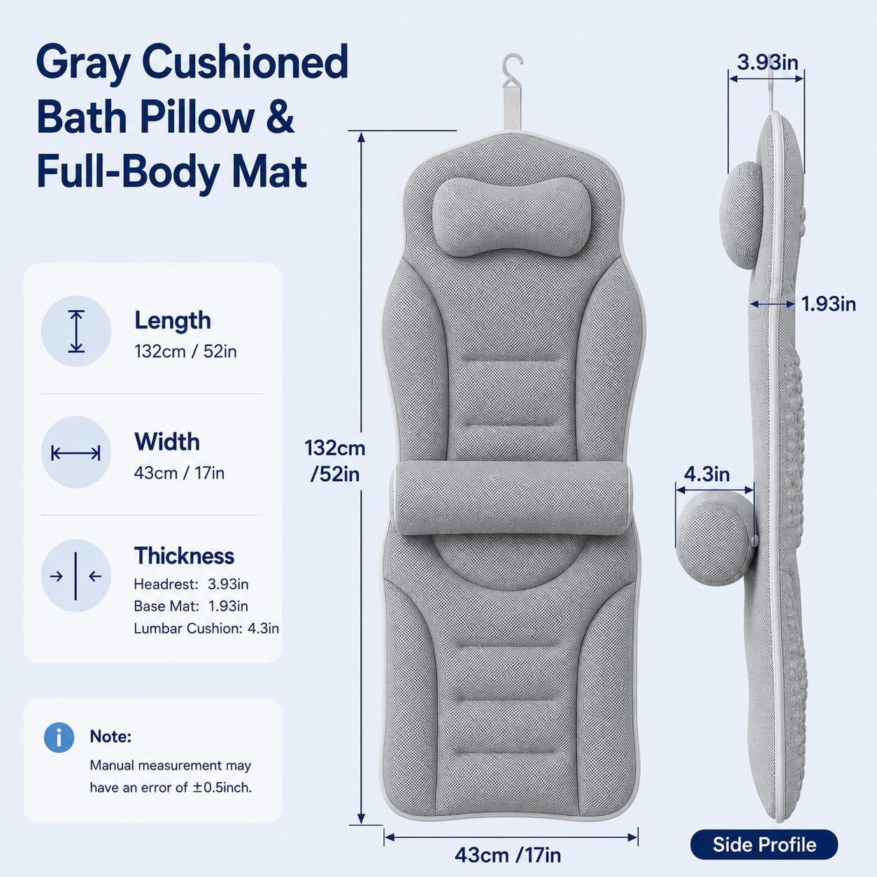 Full Body Bathtub Pillow with Lumbar Support, 5D Air Mesh Bathtub Cushion for Soaking Tub, 168 Suction Cups Full Bath Pillow for Post-Yoga Spa, Deep Relaxation & Romantic Baths Small Grey