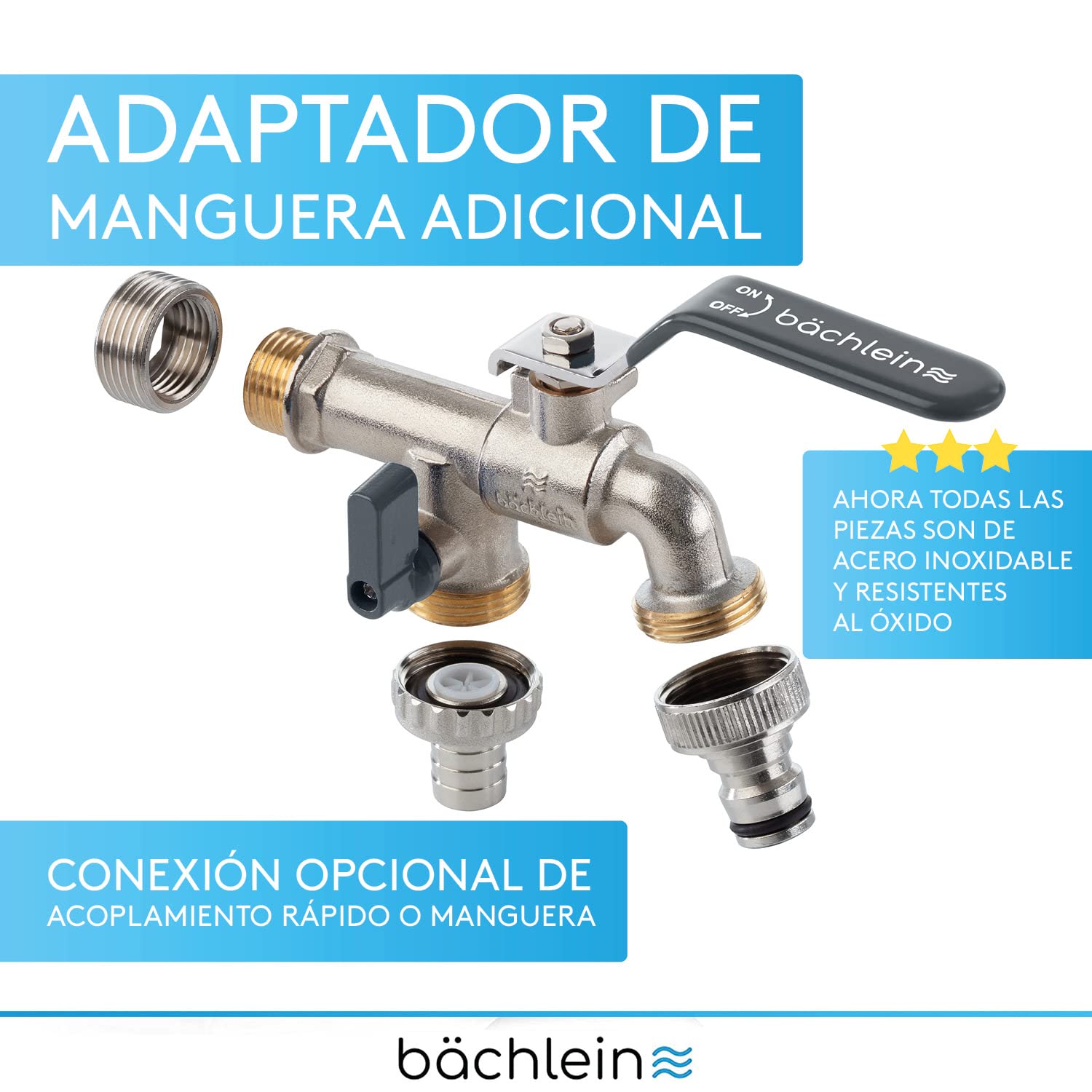 Bächlein Grifo Universal Doble para el Jardín, Antracita, Incluye 2 conexiones de Manguera, Válvula de Bola con Conexión de 1/2 y 3/4 de Pulgada, Grifo de Salida Exterior