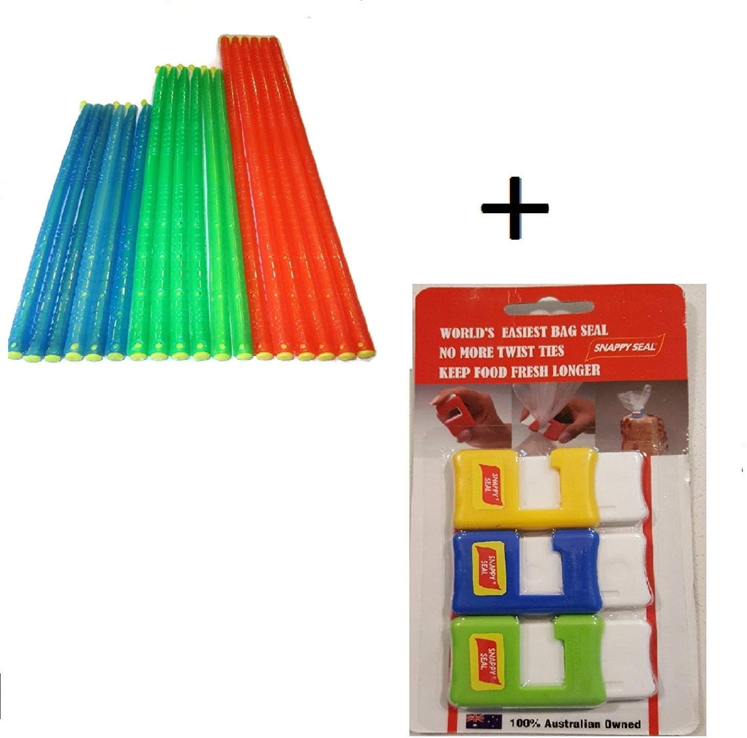 Fresh Lock Original Premium Plastic Bag Sealer Sticks (18 pack Popular Large Sizes) and Snappy Seal Bag Clips (3 Pack) Ultimate Bag Seal Bundle. Water tight, Air Tight Seal, Easy Storage, Re-Usable