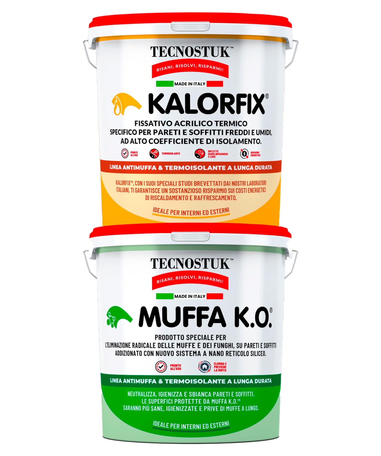 Tecnostuk Muffa KO - Fondo Antimuffa Sbiancante Muri Ecologico e Traspirante 3 lt + Kalorfix Fissativo Isolante Termico per Esterni e Interni Contro Muffa e Batteri 5 lt - Made in Italy