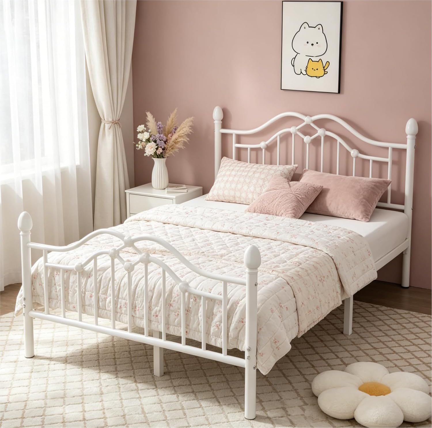E-Motie Queen Size Metal Platform Bed Frame with Headboard and Footboard/Under Bed Storage/Easy Assemble/No Box Spring Needed/Noise Free/White