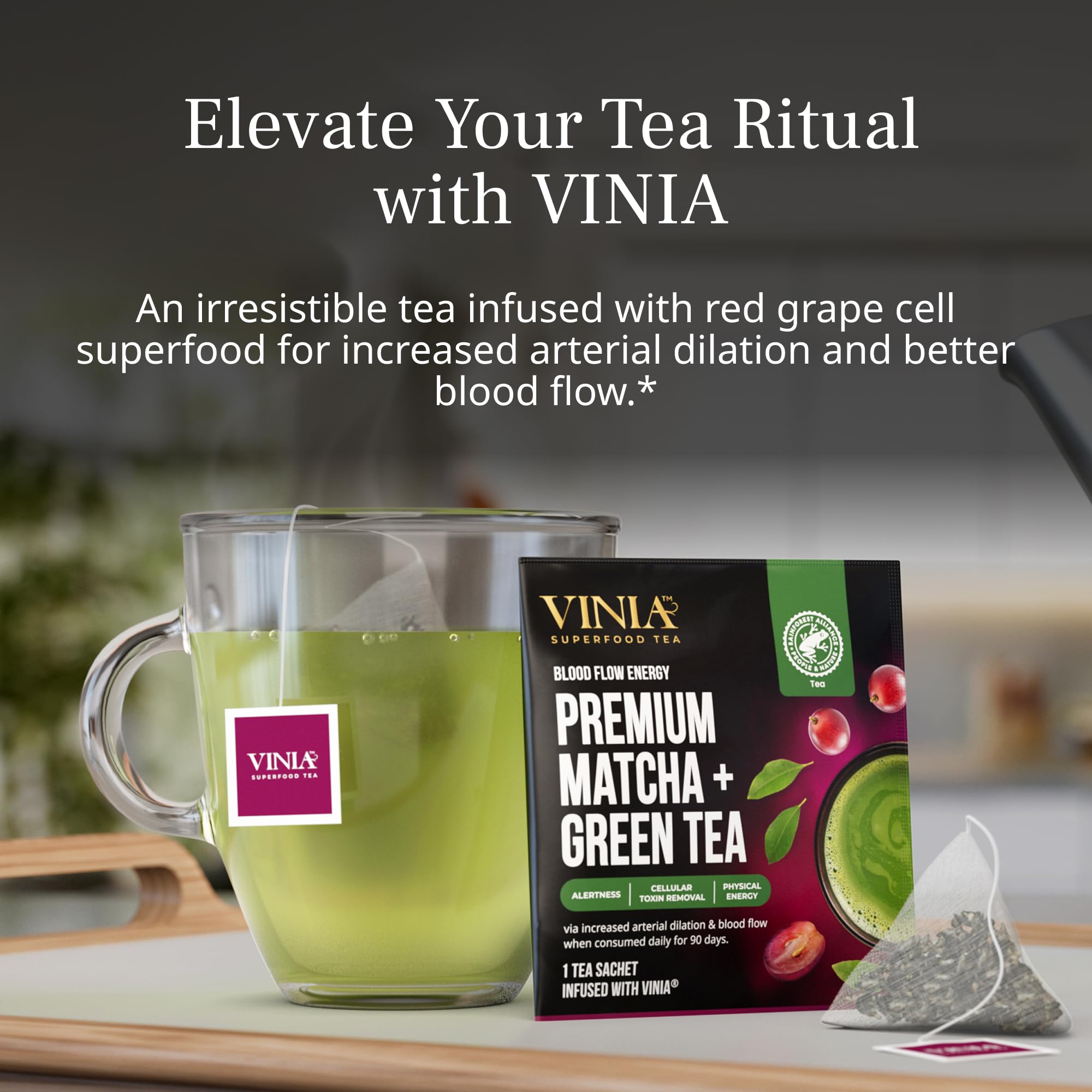 VINIA Premium Matcha Green Tea Bags Made with Organic Tea Infused with Piceid Resveratrol for Heart Health Nitric — view 3