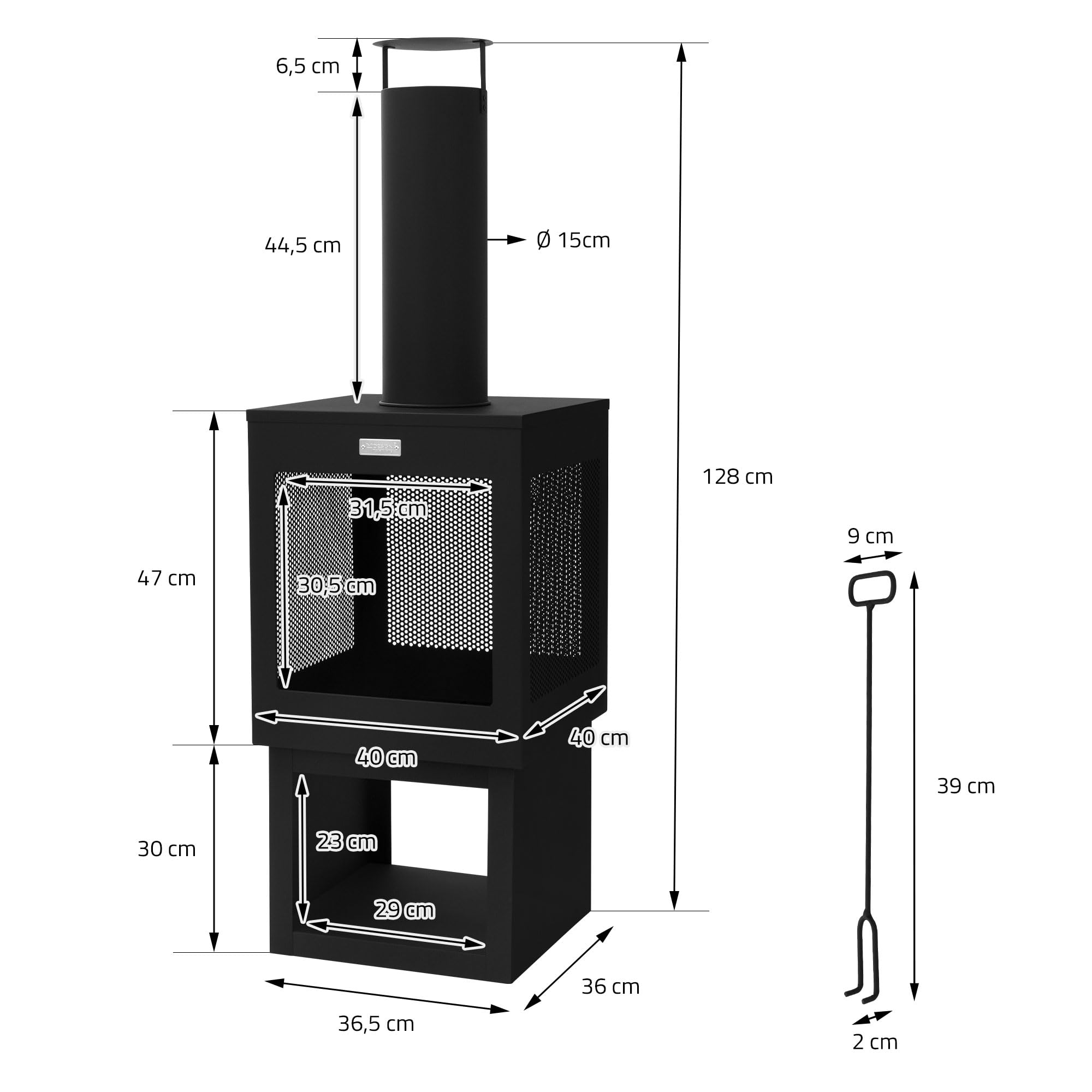 ML-Design Chimenea de Jardín 128 x 40 cm Cuadrada de Acero Negro, Estufa de Terraza para Exterior con Atizador, Techo Desmontable y Compartimento para Leña, Fogata Brasero Hoguera para Camping