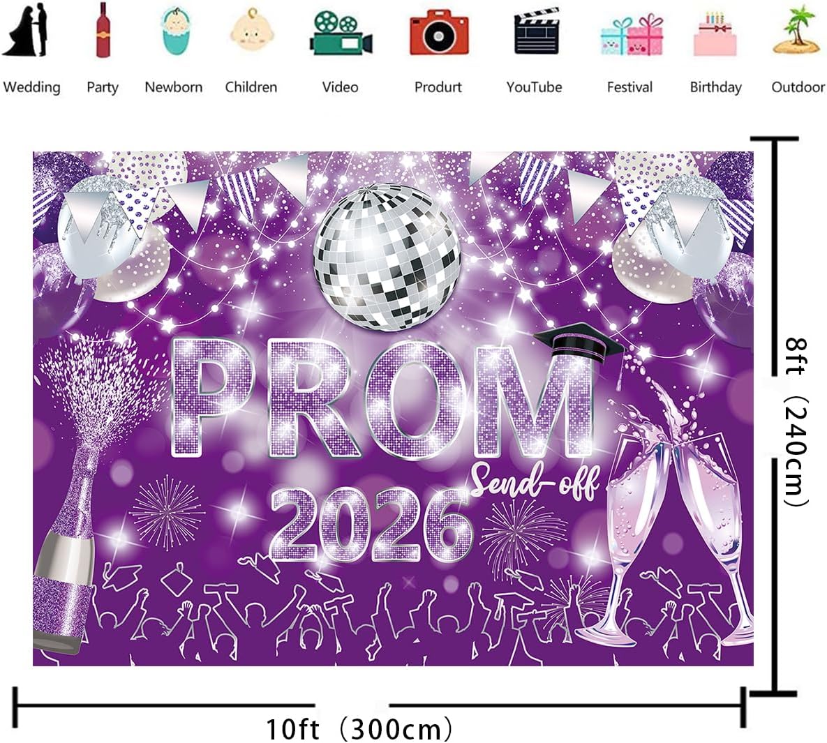 2026 Graduation Prom Backdrop Celebration Graduation Purple Silver Glitter Disco Ball Prom Send Off Photography Background School Class of 2026 Prom Night Party Decor Banner (Purple Silver, 10x8F)