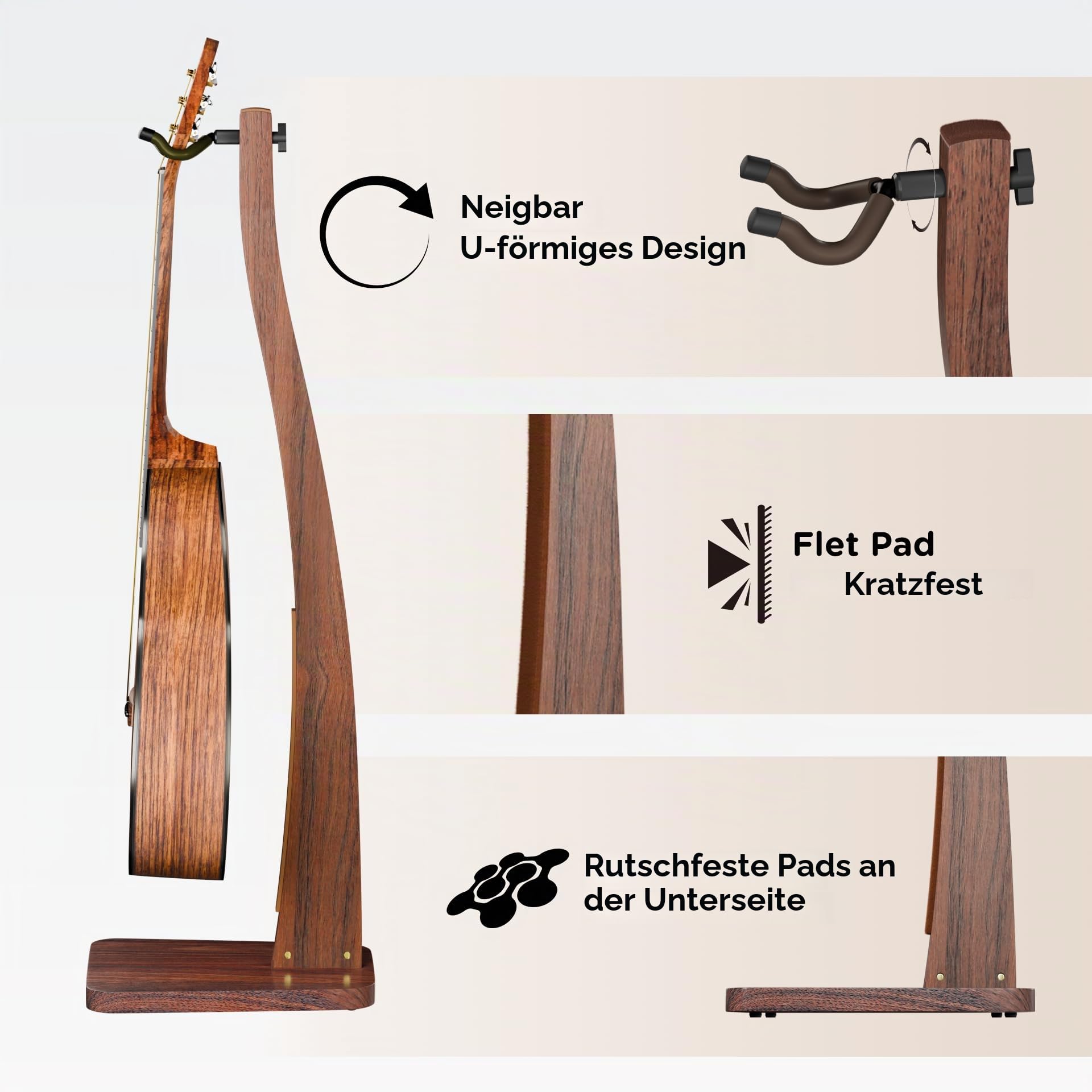 DIDA Gitarrenständer, Premium Massivholz Gitarrenständer, Einzelgitarrenhalter für Akustikgitarre, E-Gitarre, Bass, halb gebogene Hängestative (Schwarznussholz, Akustikgitarre/E-Gitarre/Bass)