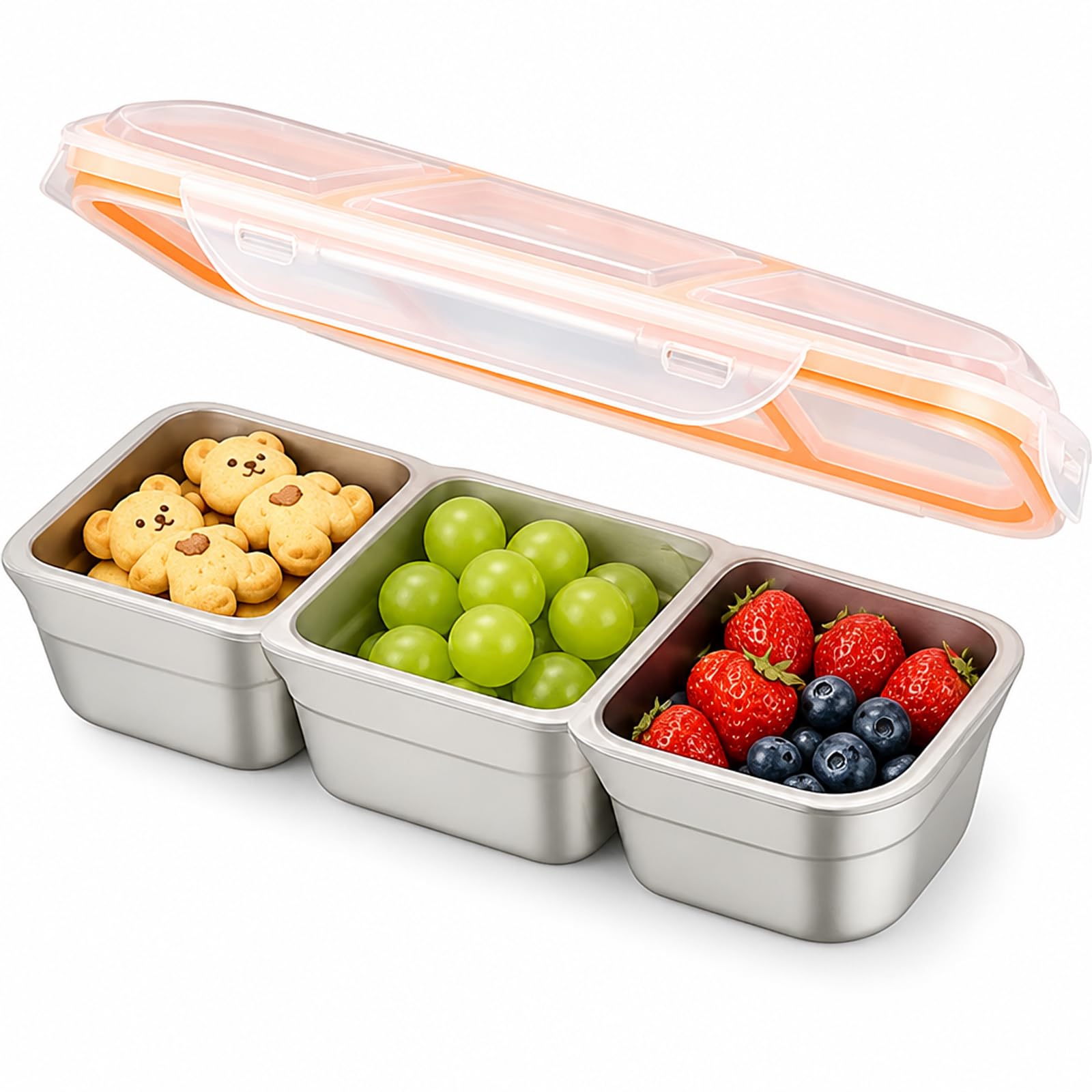 LLHONG Snack Box with Compartments, 3 Compartment Stainless Steel Bento Box