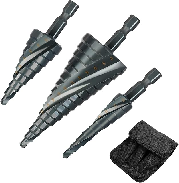 CYLBAQ 3pcs Spiral Grooved Step Drill Bit Set, Titanium Nitride Coating High-Speed Steel Drill Bits, 4mm to 12/20/32 mm Hex Shank Metric, Hole Cutter for DIY Plastic Wood Metal Aluminum Copper