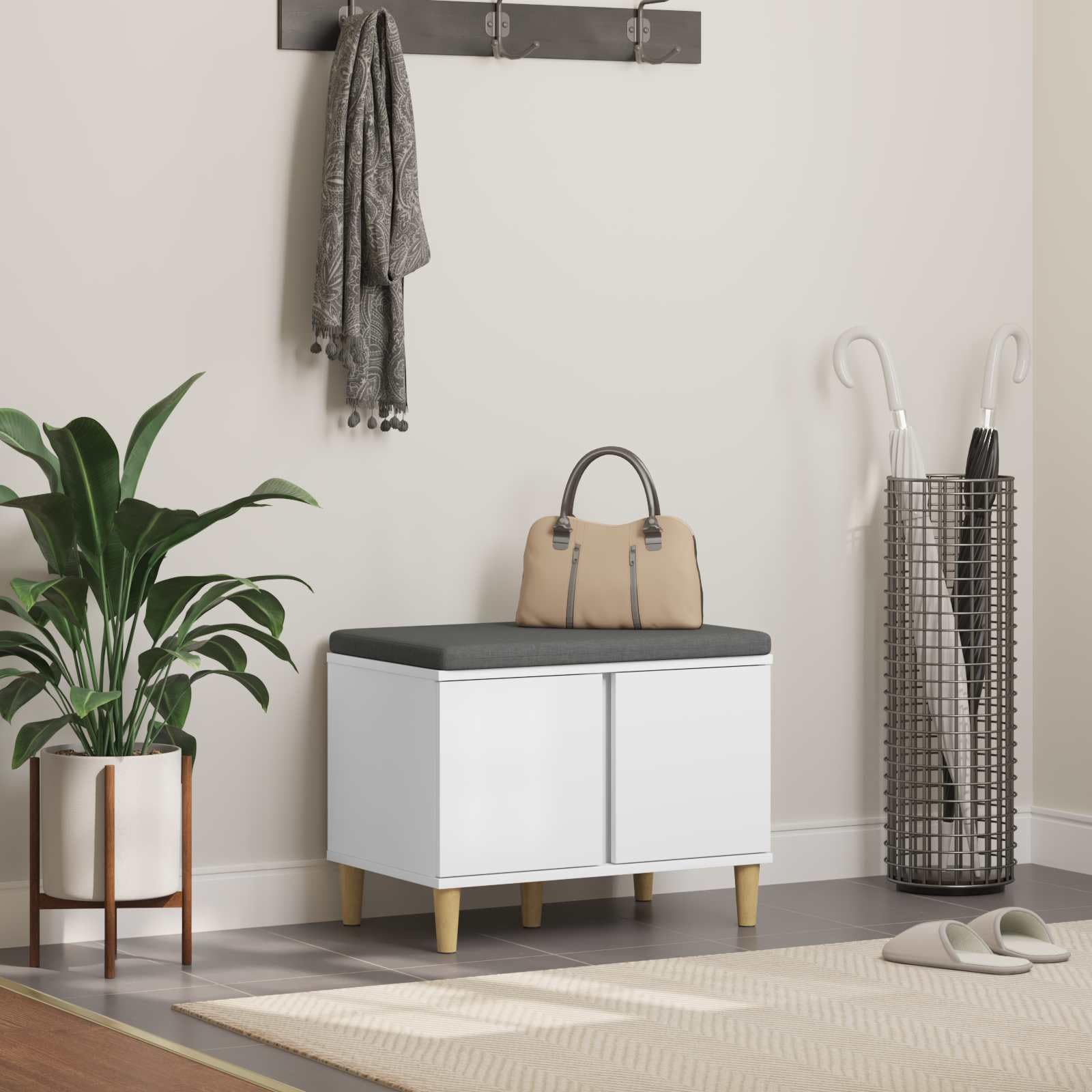 Banco de pasillo para dormitorio o perchero mueble blanco con cojin y almacenaje util