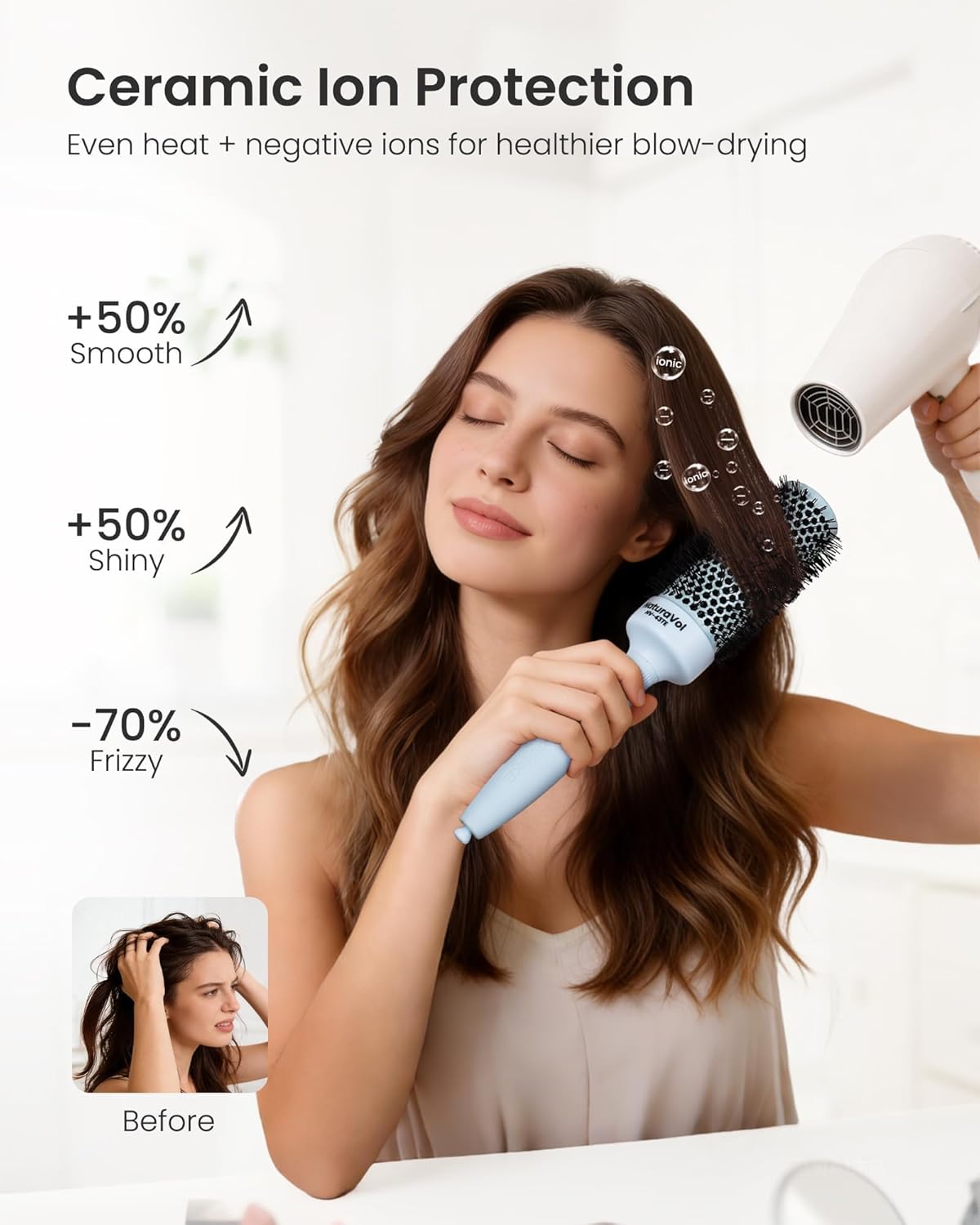 AIMIKE NaturaVol Round Brush for Blow Out, Nano Thermal Ceramic Round Hair Brush for Fine Hair, Fast Blow Dry for Smooth Salon-Style Finish at Home, Adds Volume, Teal (1.7" Barrel, 2.5" with Bristles) - Image 3