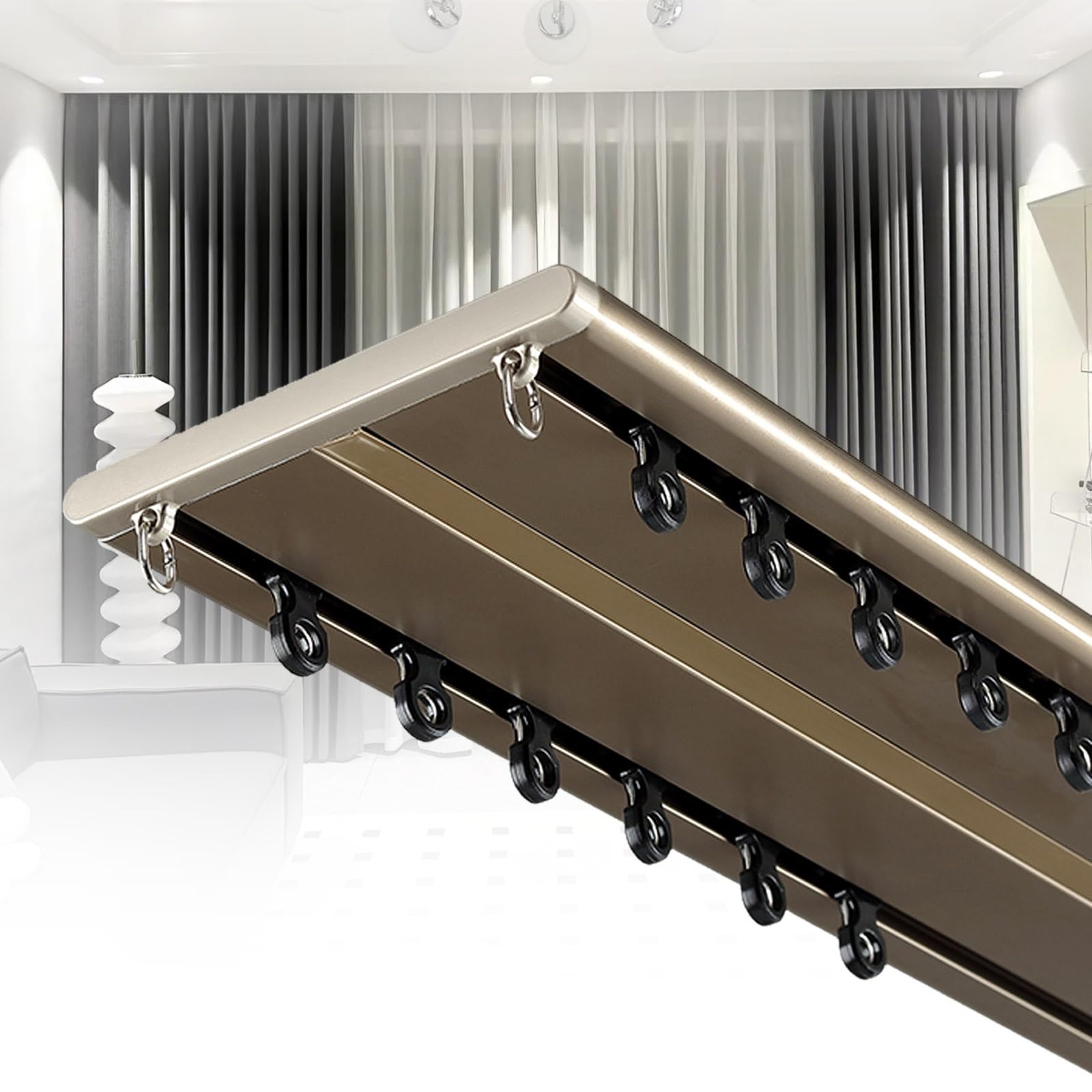 Ultradünne 2-lagige Aluminium-Gardinenstange – doppelläufige Gardinenstange für Wohnzimmer und Schlafzimmer, Deckenmontage, Champagner-Farbe, 490 cm lang, elegante Fensterbehandlungslösung