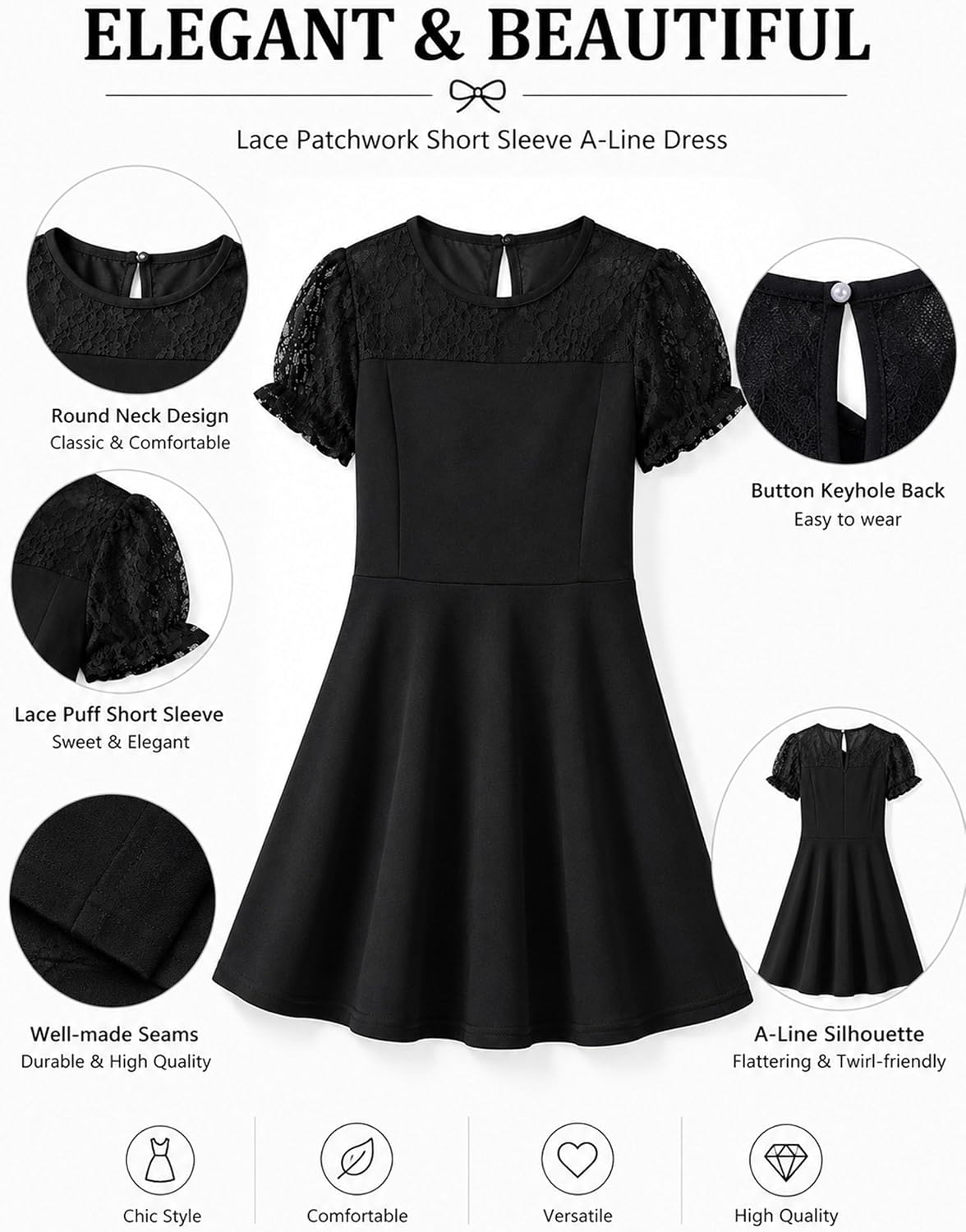 Girls Lace Formal Dress Puff Sleeve A Line Party Special Occasion