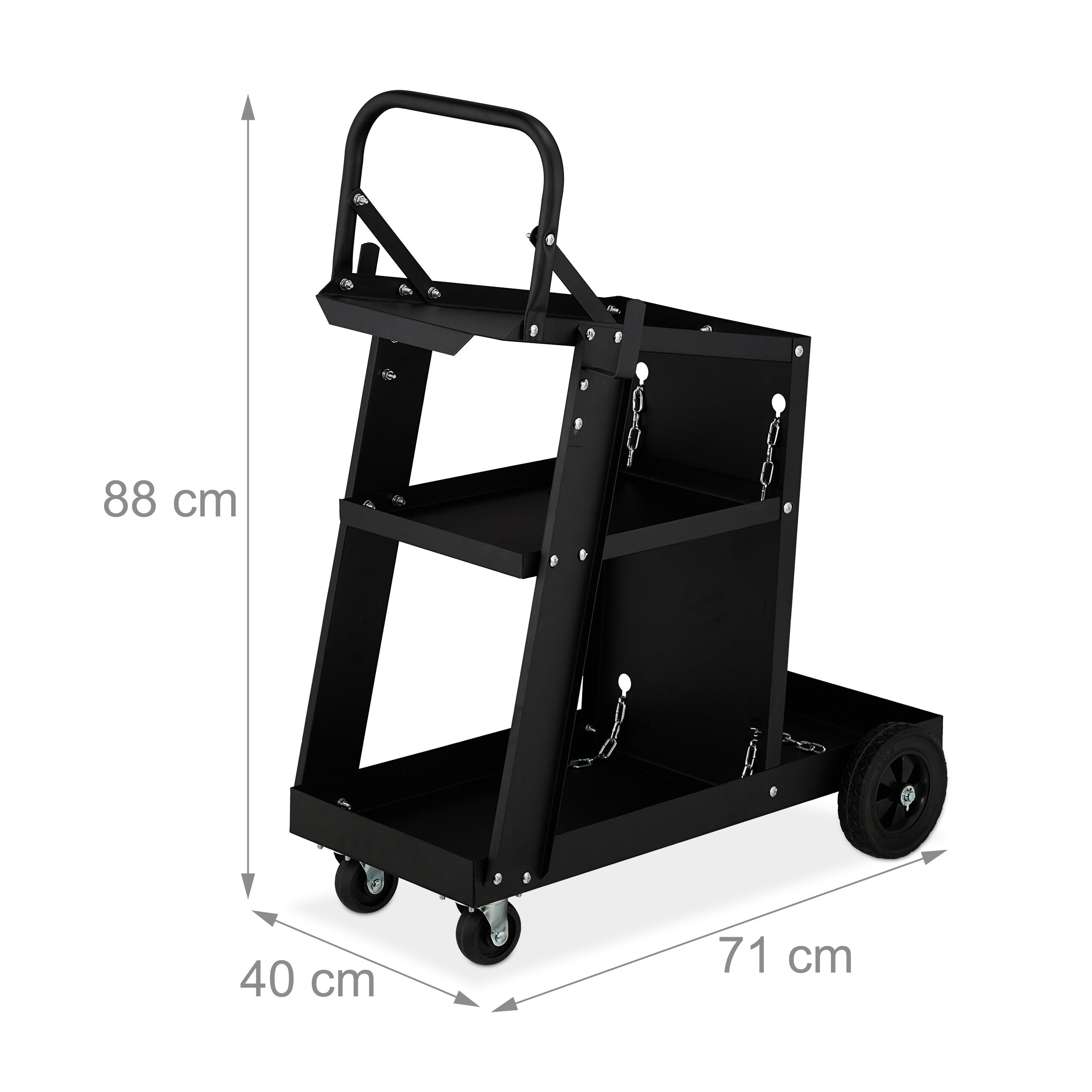 Relaxdays Carrello Officina per Saldatrice, Porta Attrezzi e Bombola a Gas, 3 Ripiani, 88x40x71 cm, Regge 90 kg, Nero