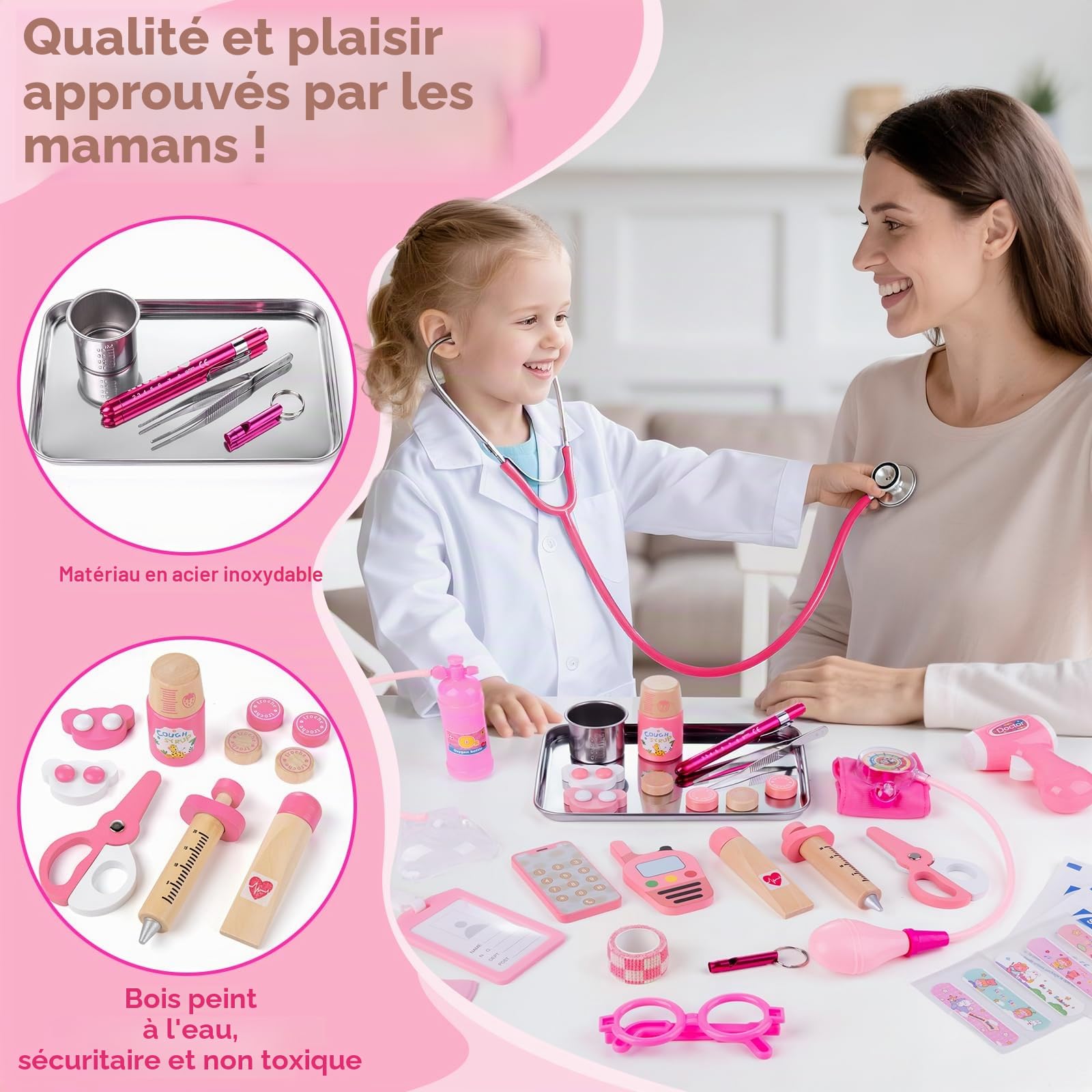 Sundaymot Kit Médical Enfant avec Stéthoscope, Thermomètre, Seringue, Accessoires Réalistes & Sac de Médecin, Jouet d'Imitation pour Enfants 3 Ans
