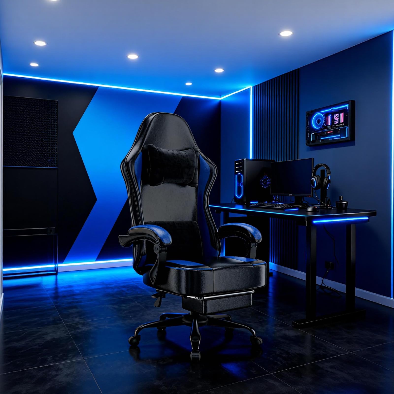 Fauteuil Gaming Chaise Gaming Ergonomique (Bleu + Noir)