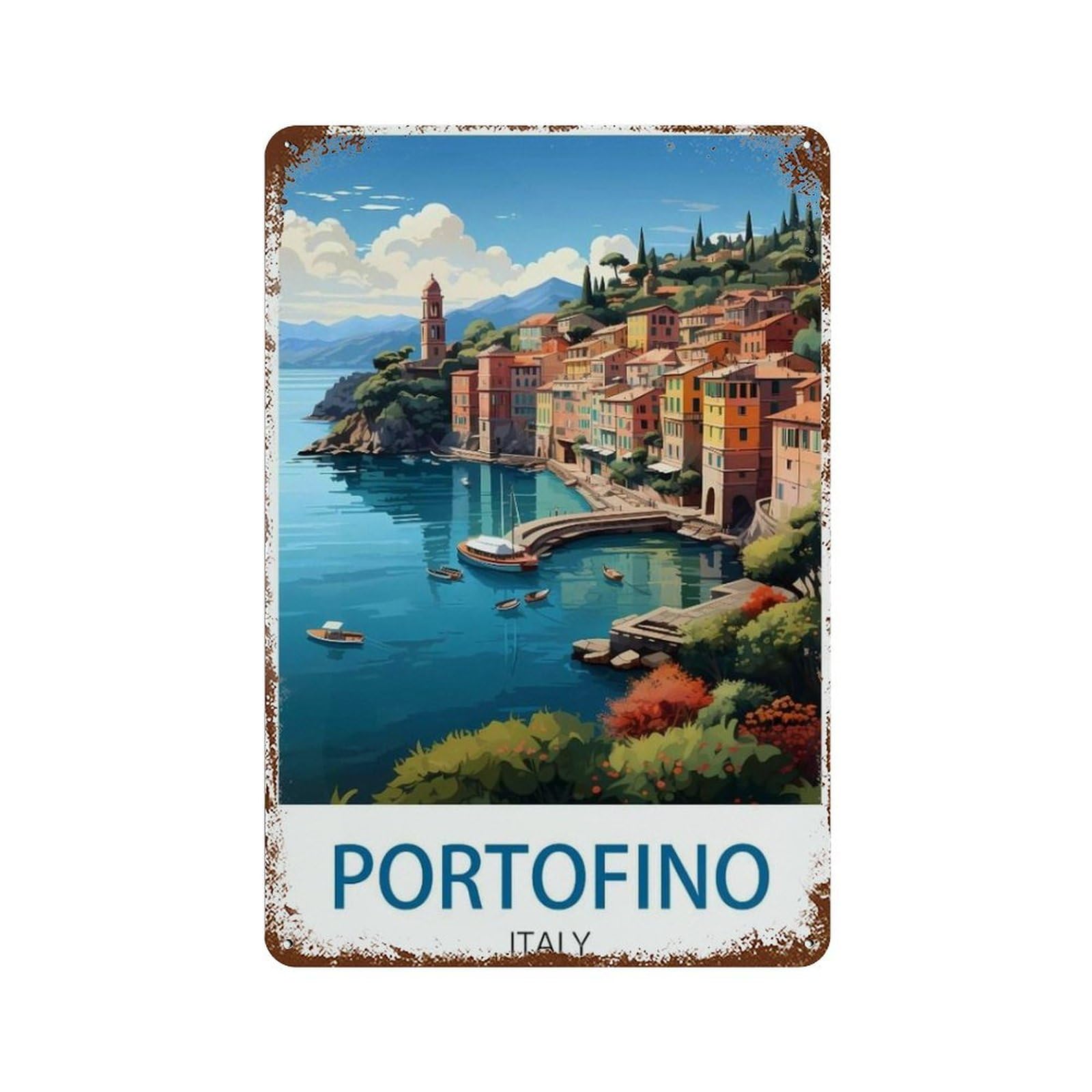 Portofino Italy，Metal Tin Sign,For Farmhouse Home Bathroom Garage Cafe Office Kitchen Restaurant Man Cave Vintage Art Wall Decor Poster(20x30cm）8x12 inch-N90