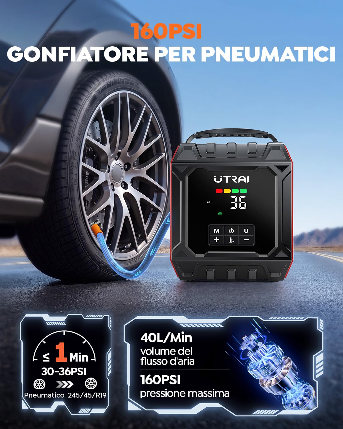8000A Avviatore Batteria Auto con 160PSI Compressore (ALL Gas/10.0L Diesel) | UTRAI Avviatore Emergenza per Auto 12V Booster Avviamento Auto con Luce Magnetica da 1000 Lumen, Kit Riparazione Pneumatici