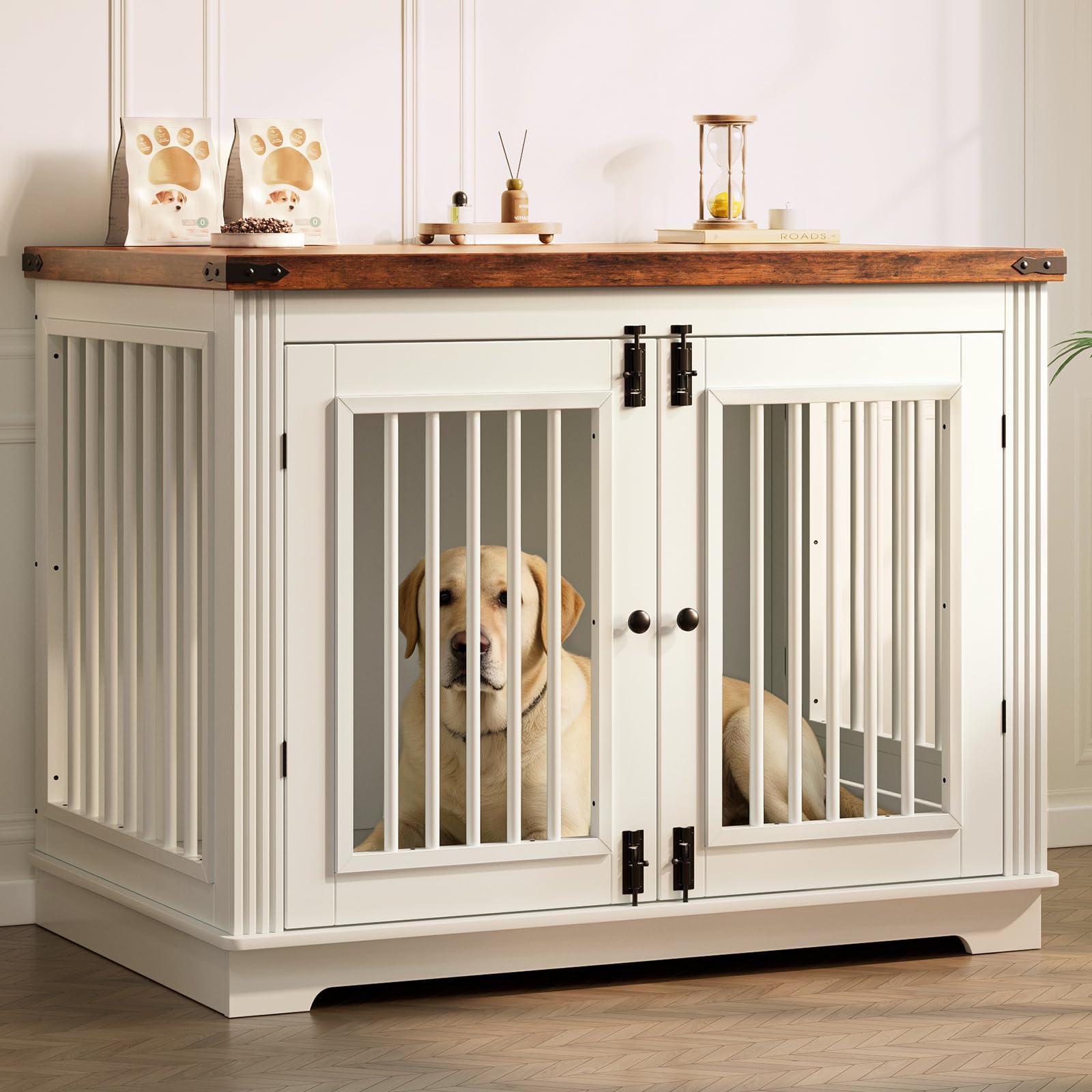 Zivanti 43" Large Dog Crate Furniture with 3 Doors, White Dog Kennel Furniture with Thickened Tabletop, Farmhouse Decorative Dog Crate End Table for