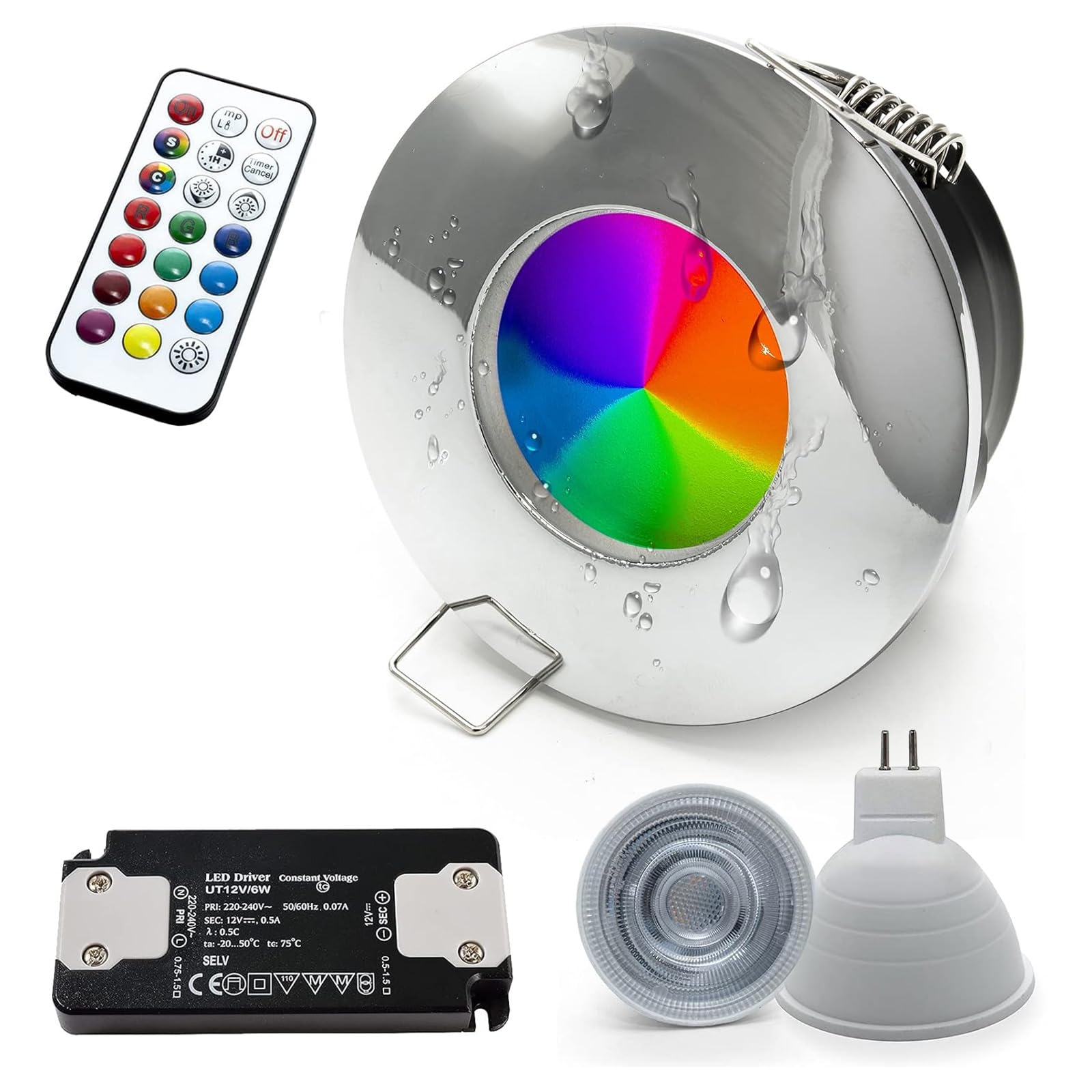Planetitaly Foco empotrable LED 6 W 12 V cromoterapia IP65 cabina de ducha baño turco lámpara GU5.3 RGB 3000 K 6000 K mando a distancia IR (color plateado cromado, luz RGBW + 3000 K)