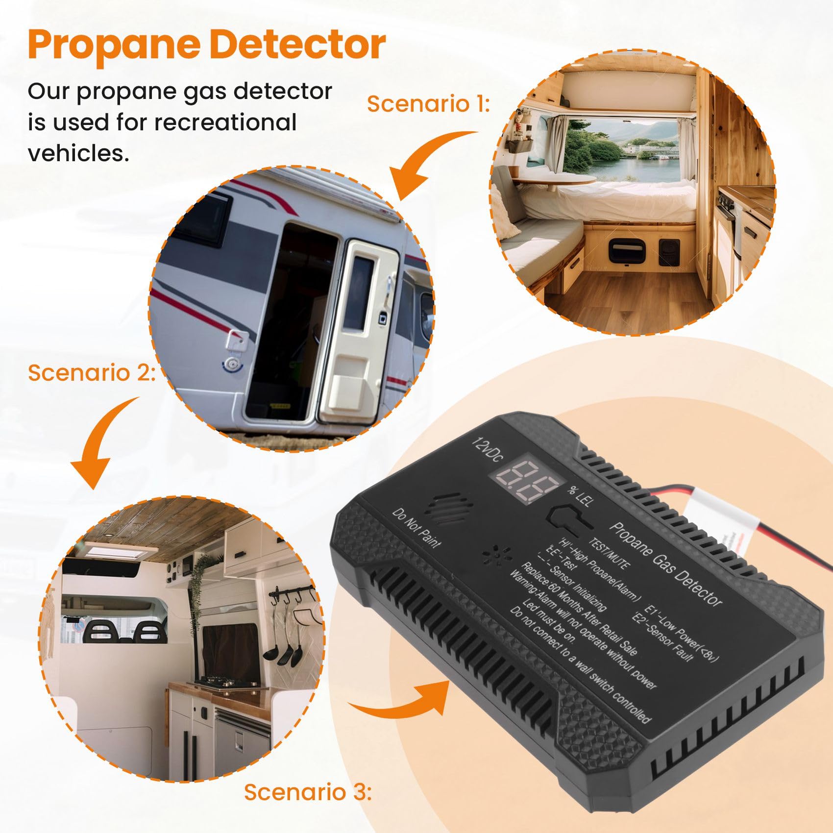 wudoo Detector de Propano 12V LPG Sensor de Gas Natural Alarma de Fuga 85DB Sirena para AutomóVil RV Hogar Medidor de Prueba de Propano Digital (Negro)