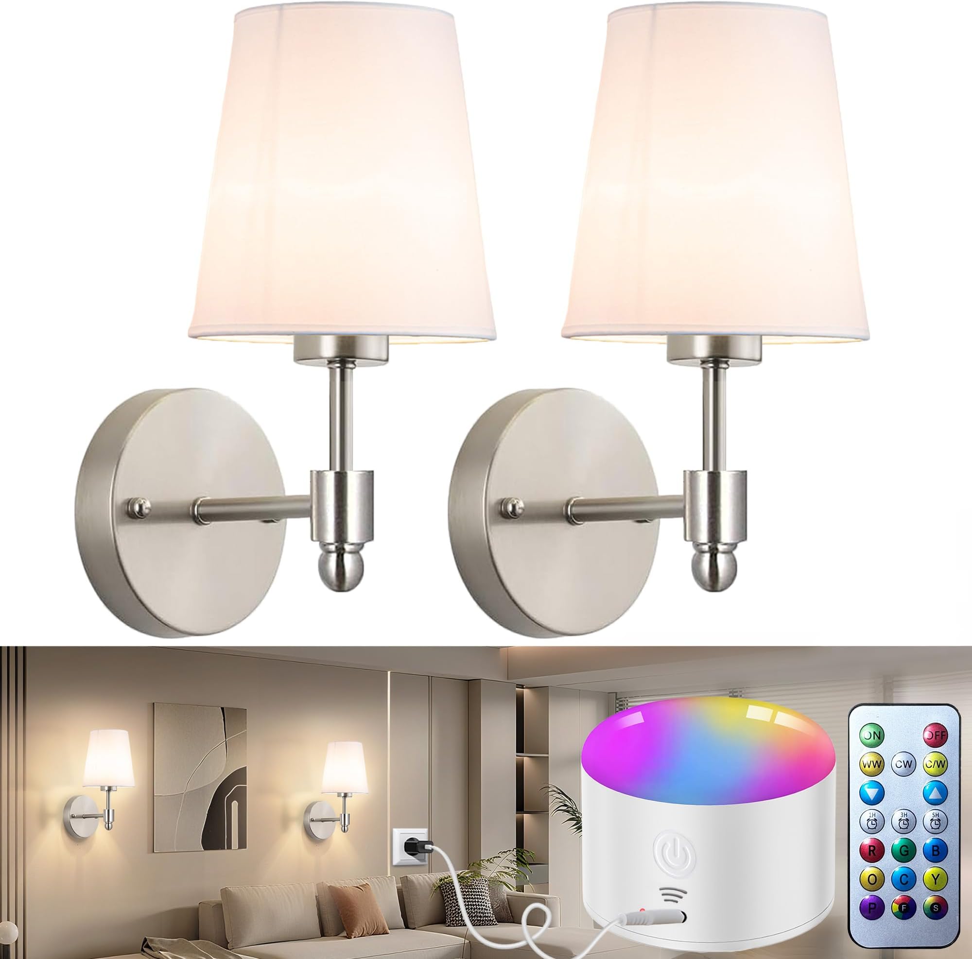 YHCDLAMP Battery Operated Wall Sconces Set of Two, Rechargeable Wireless Wall Lights with 10000mAh RGB Dimmable Detachable Bulb, Battery Sconces Wall Decor with Remote for Bedroom Living Room Hallway