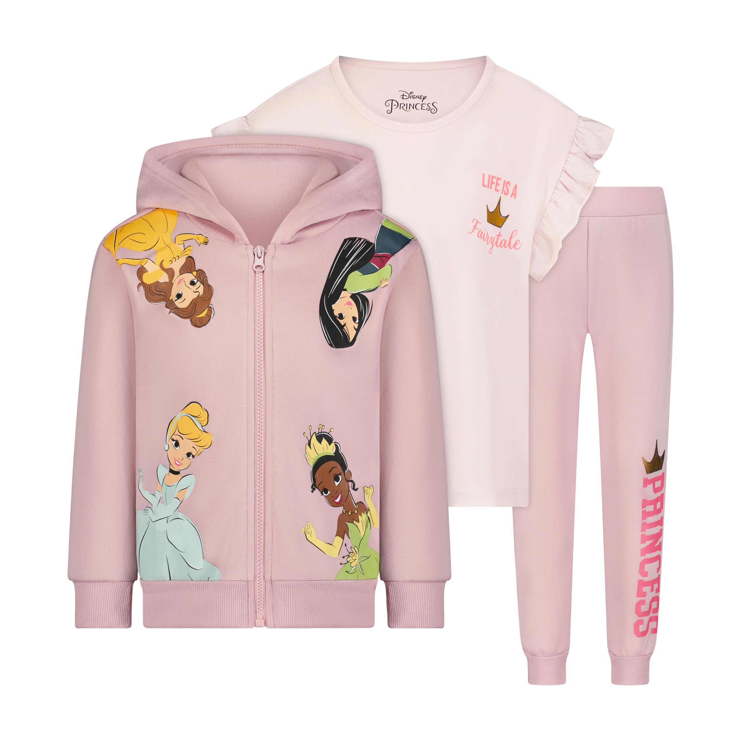 Photo 1 of **USED - MINOR DAMAGE**
Disney Princess Cinderella, Belle, Tiana and Mulan Girls Hoodie, T-Shirt and Pant Set for Toddlers and Big Kids