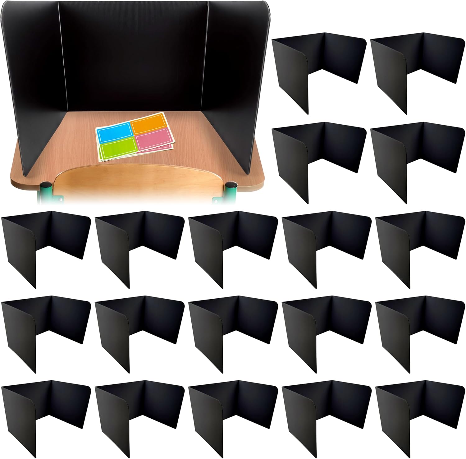 4E's Novelty Plastic Desk Dividers for Students 20 Pack, Bulk Black Desk Privacy Panel - Plastic Classroom Dividers, Testing Dividers for Classrooms, Easy-to-Clean Durable, with Labels