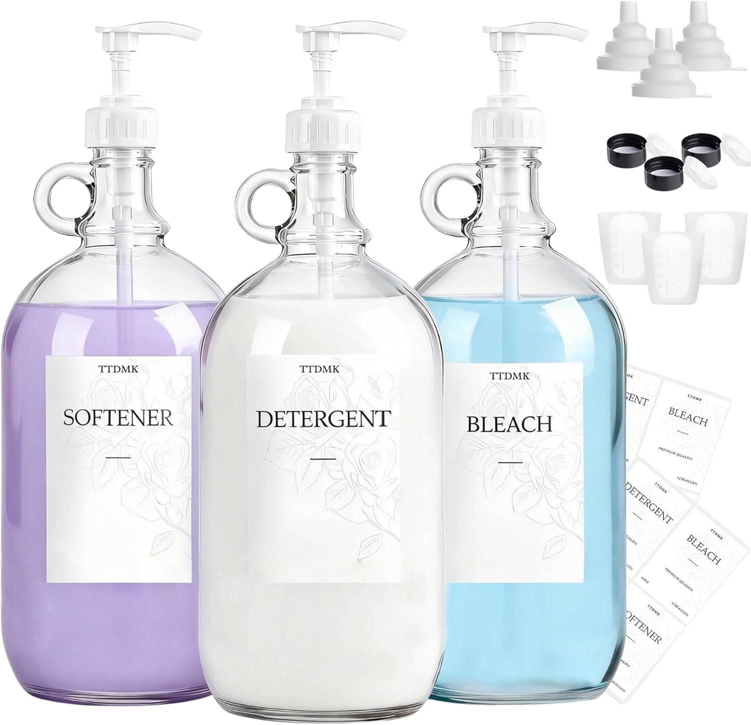 3 Pcs Glass Laundry Detergent Dispenser, Half Gallon Liquid Laundry Soap Dispenser for Laundry Room (64 oz. Each), Laundry Detergent Bottles with Pump Dispenser -Includes Labels, Funnel, Measuring Cup