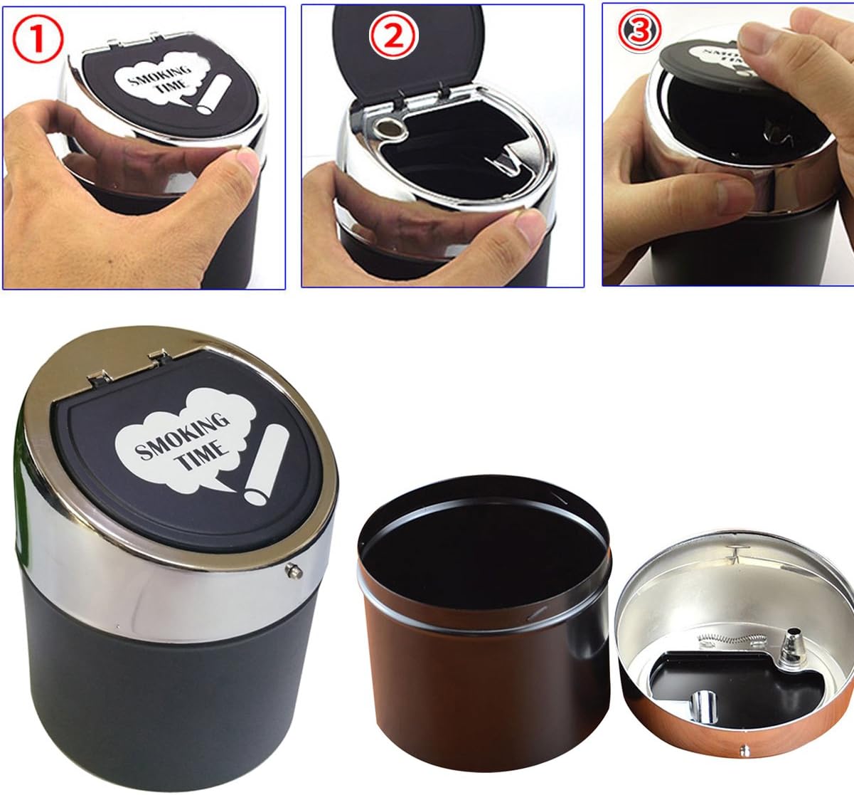 NewFerU Smokeless Metal Steel Ashtrays for Cigarettes Cigars with Covered Stainless Push Lid Portable Windproof Ash Tray Bucket for Home Tabletop,Patio,Sand,Car,Auto,Outdoors,Indoors (Big)