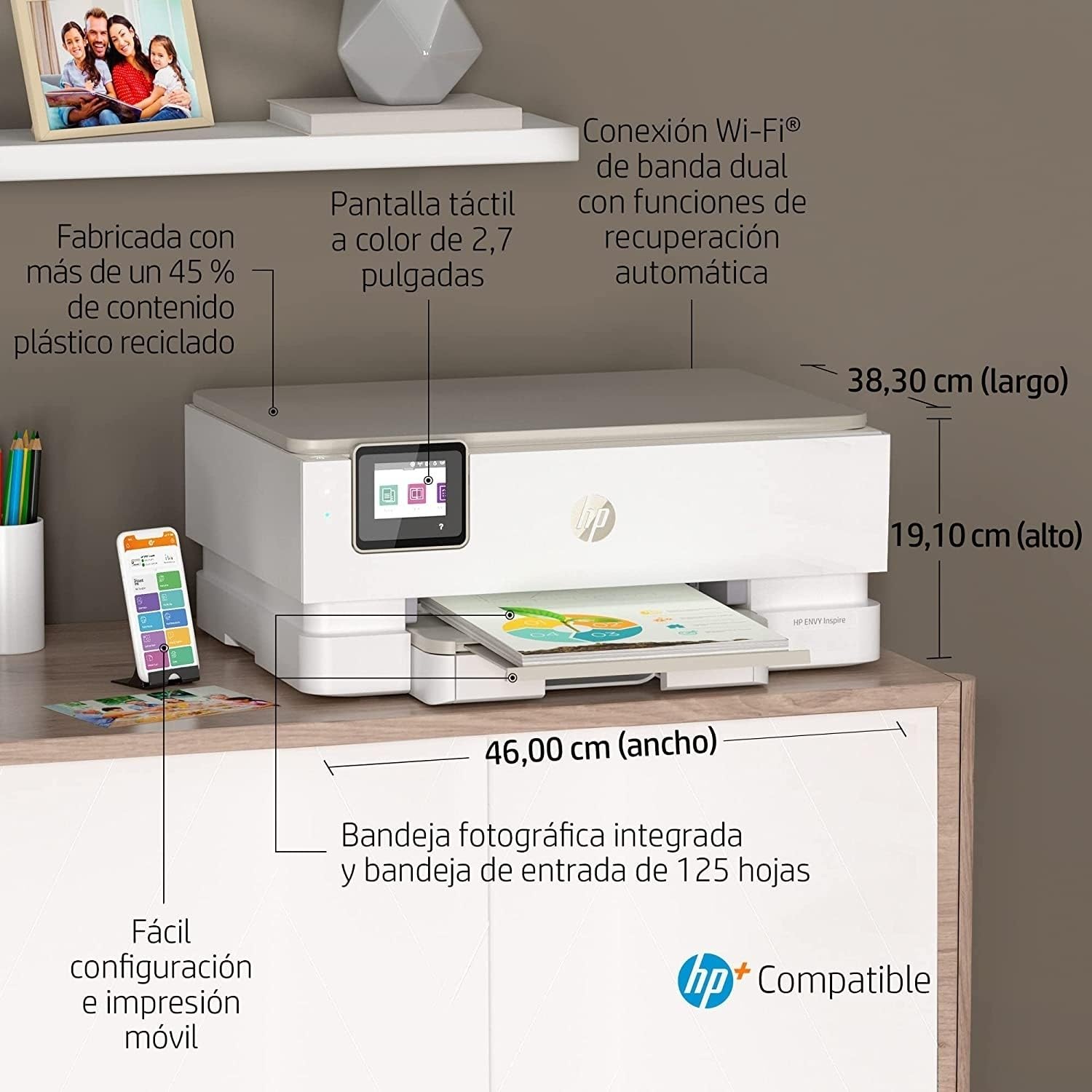 HP Envy Inspire 7220e 242P6B, Impresora multifunción de inyección de Tinta A4 a Color, Wi-Fi, impresión a Doble Cara automática, hasta 22 ppm, 6 Meses de impresión Instant Ink, Blanca