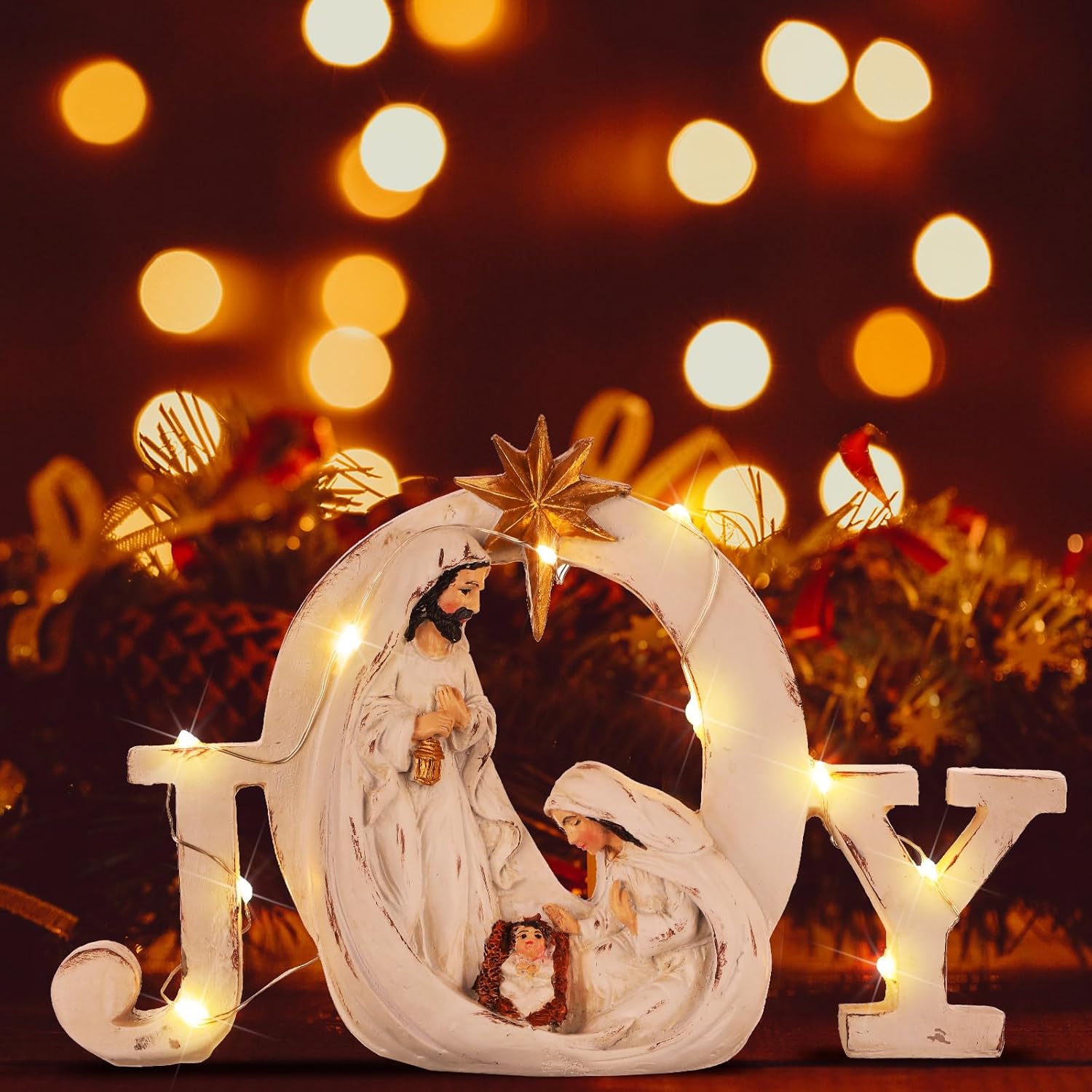 Soaoo Christmas Nativity Scene with LED String Lights Nativity Figure Set Holy Family Manger Christmas Decoration Light up Decor for Indoor Tabletop Mantle Fireplace(Joy)
