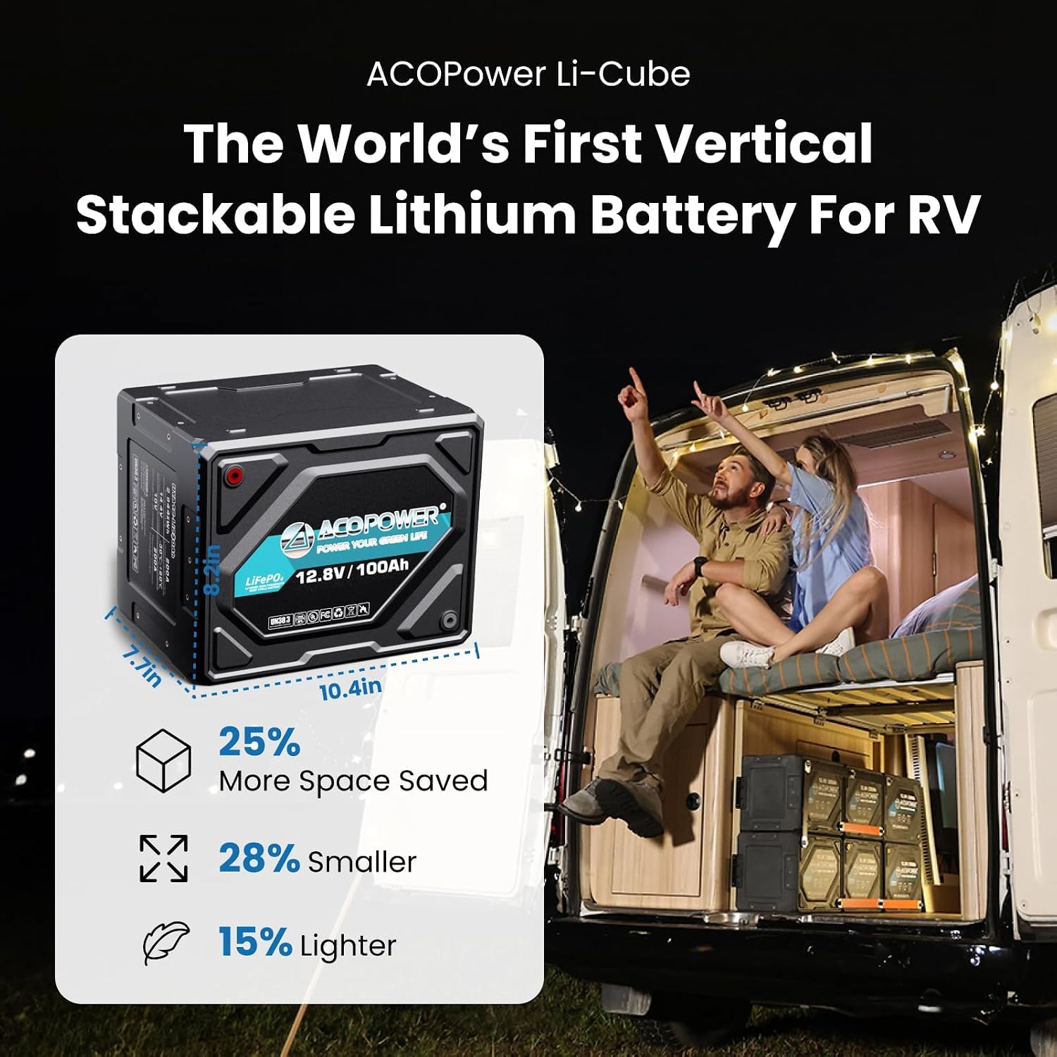 ACOPOWER 12V 100Ah LiFePO4 Deep Cycle Rechargeable RV Lithium Battery, Over 6000 Life Cycles, Built-in BMS, Bluetoot App Monitor，Supports 6 Series & 6 Parallel for RV, Solar System, Trolling Motors