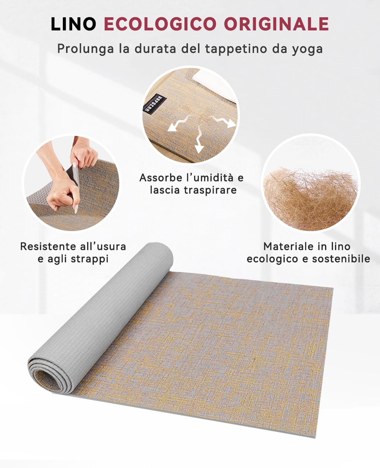 HAPBEAR Tappetino Yoga XXL 213×76cm – Tappetino Palestra Grande in Lino Naturale 6mm, Antiscivolo e Spesso – Tappeto Yoga per Casa, Pilates, Allenamento, Stretching e Fitness