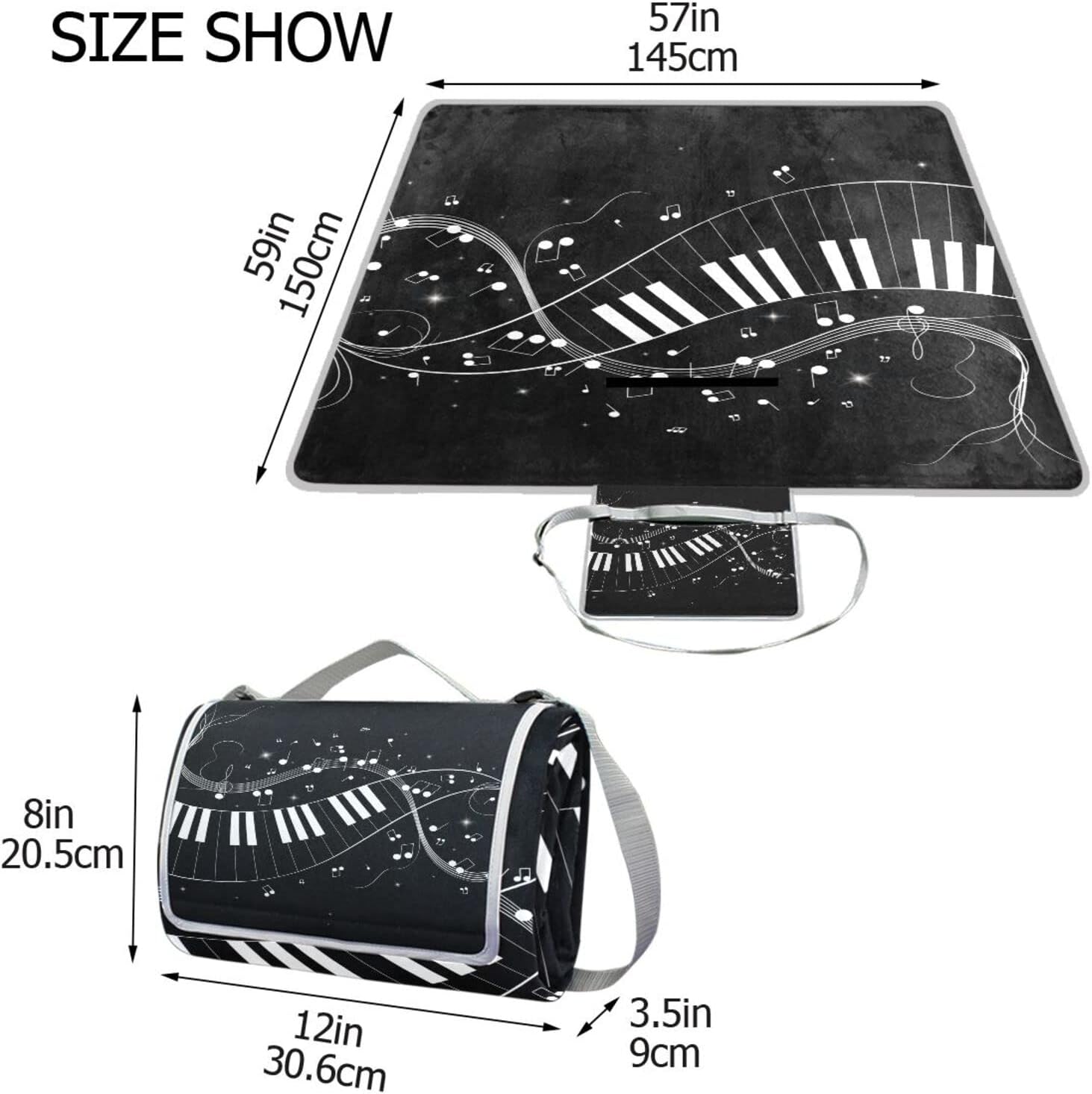レジャーシート レジャーマット 厚手 アルミ 折り畳み 防水 コンパクト 大判 ブラック 音楽 黒 音符 楽譜 花見 キャンプ 軽量