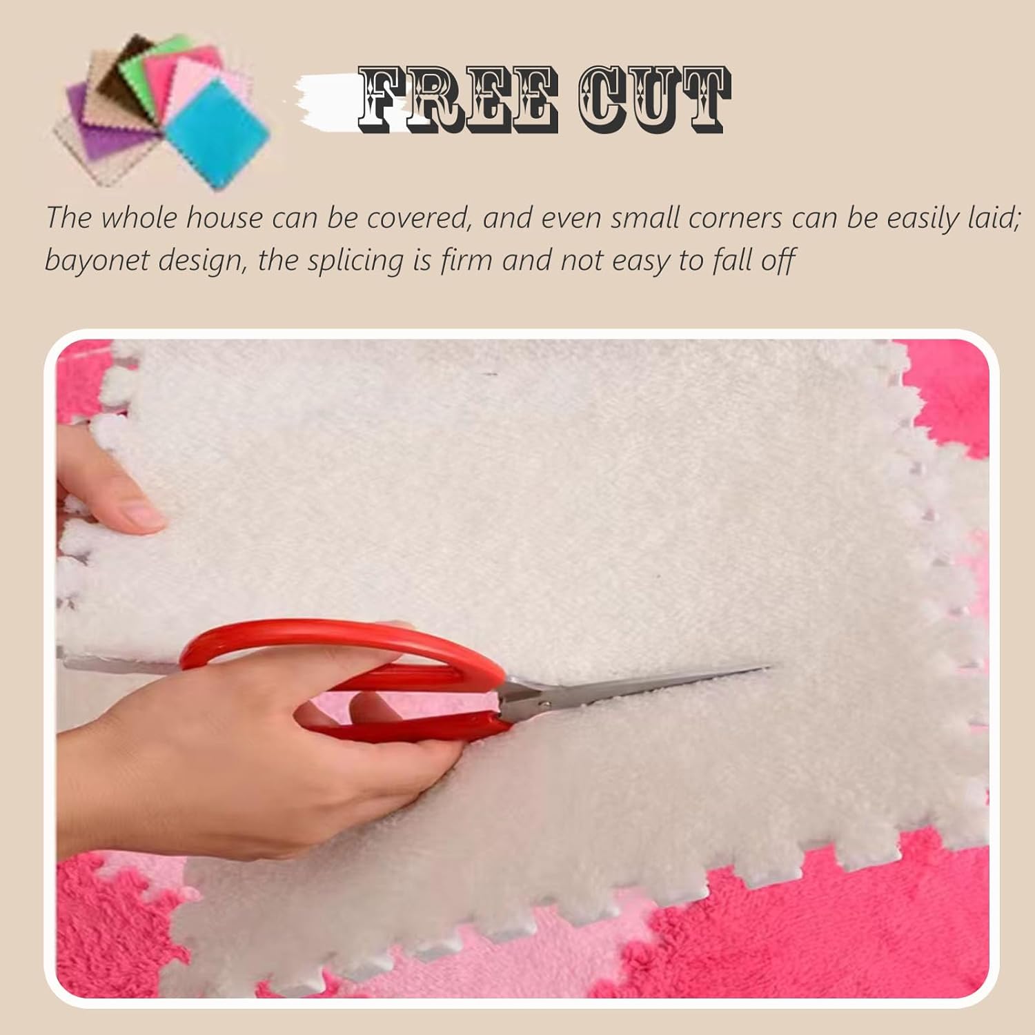 10 Pcs Interlocking Foam Puzzle Carpet Squares, 30x30cm Edging Tiles, Fluffy Climbing Area Rug, Cuttable Playroom Floor Mat, Apricot & Blue, 10 sq.ft