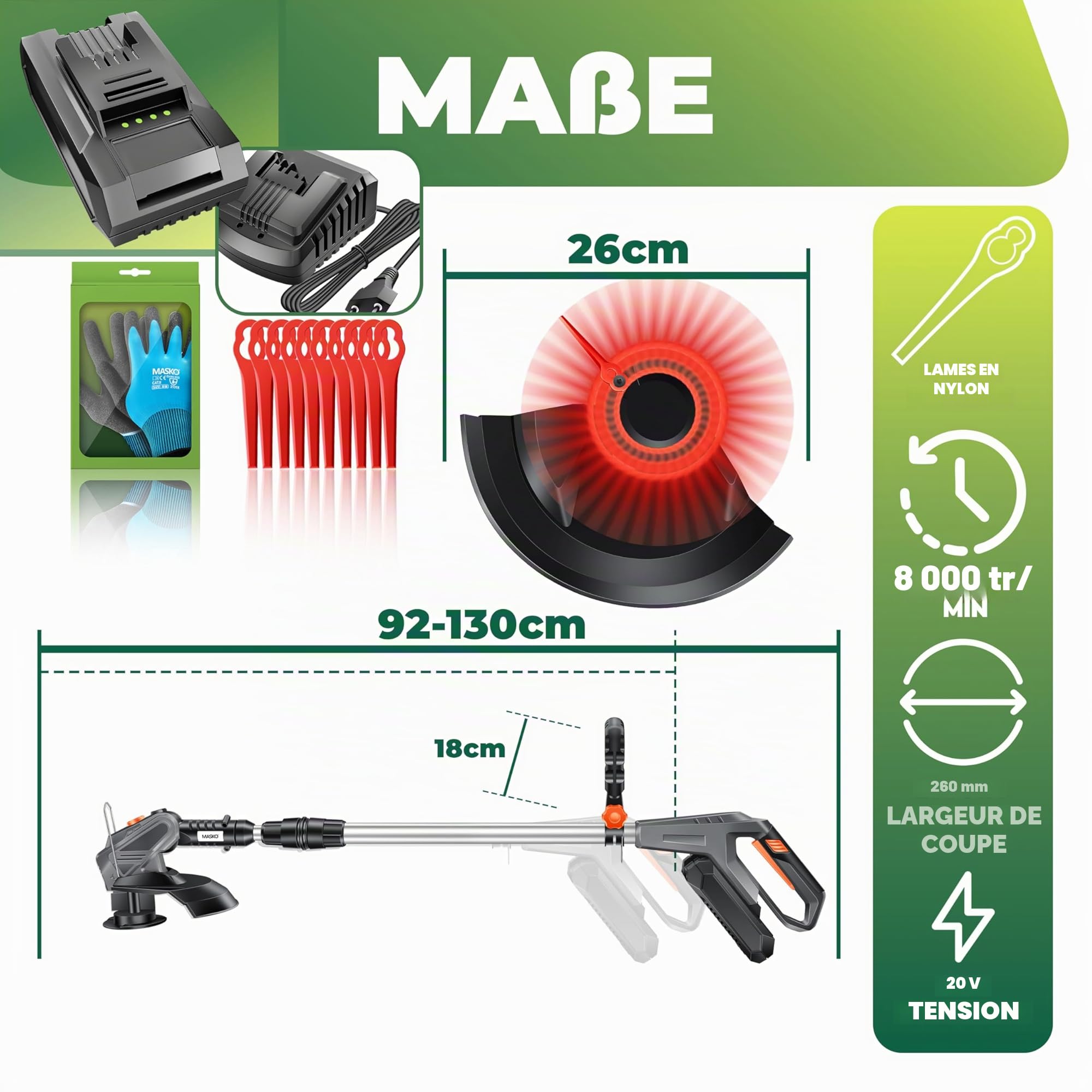 Débroussailleuse sans Fil MASKO® avec Batterie Li-ION 20 V, Batterie 2,0 Ah et Chargeur, Largeur de Coupe 260 mm, Angle de Coupe 180°, Manche télescopique et poignée supplémentaire + Accessoires