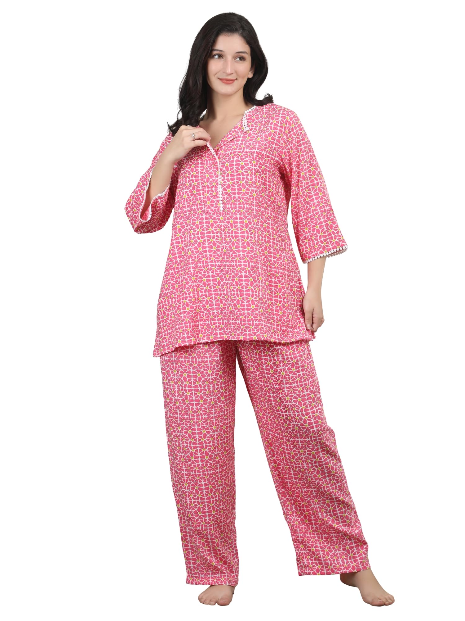 Womens Rayon Printed Pink Night Suit Top and Pajama Set | Soft Viscose Rayon Sleepwear | V Neck with Button Placket | 3/4th Sleeves | Comfortable Loungewear-image-45
