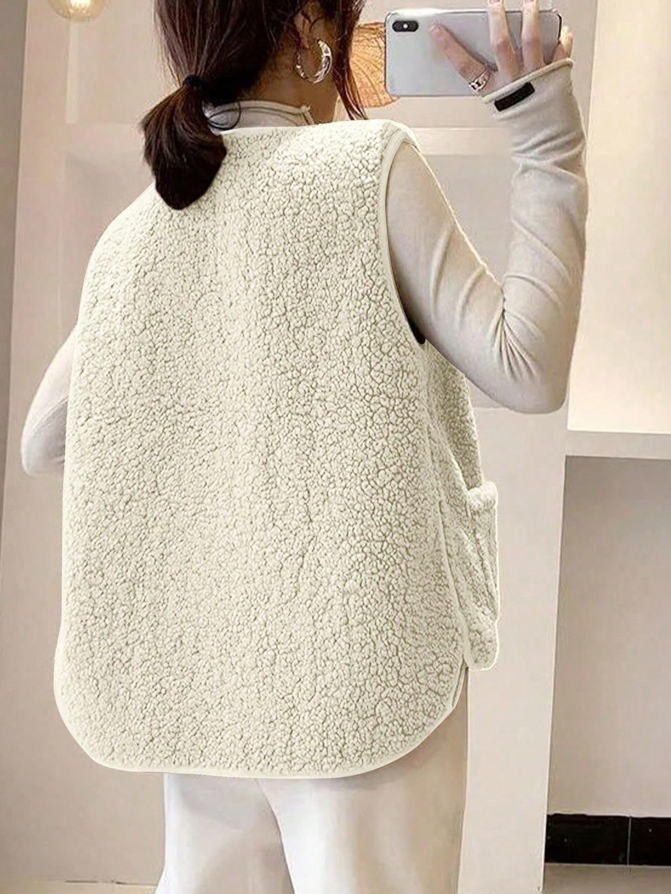 Damska kamizelka bez rękawów Teddy Fleece Dekolt w serek Krótka kamizelka polarowa z guzikami i kieszeniami pikowana kamizelka termiczna ciepła praktyczna kamizelka do układania