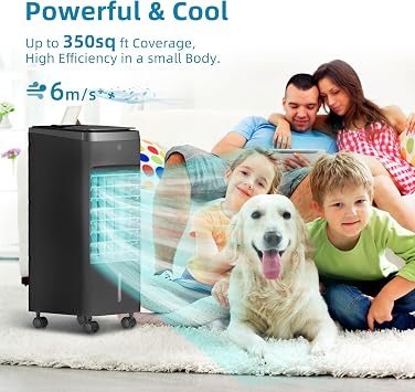NOMEY Evaporative Air Cooler, 3-IN-1 Air Conditioner Portable for Room w/ 4 Modes & 3 Speed, 12H Timer, 1 Gal Detachable Water Tank, 4 Ice Packs, Remote, 70 Oscillation Air Cooler for Bedroom Indoor
