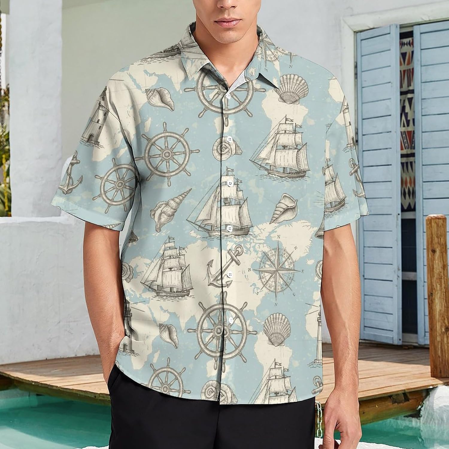 Men's Button Down Shirt Casual Short Sleeve Summer Beach Vacation Shirt with Pocket