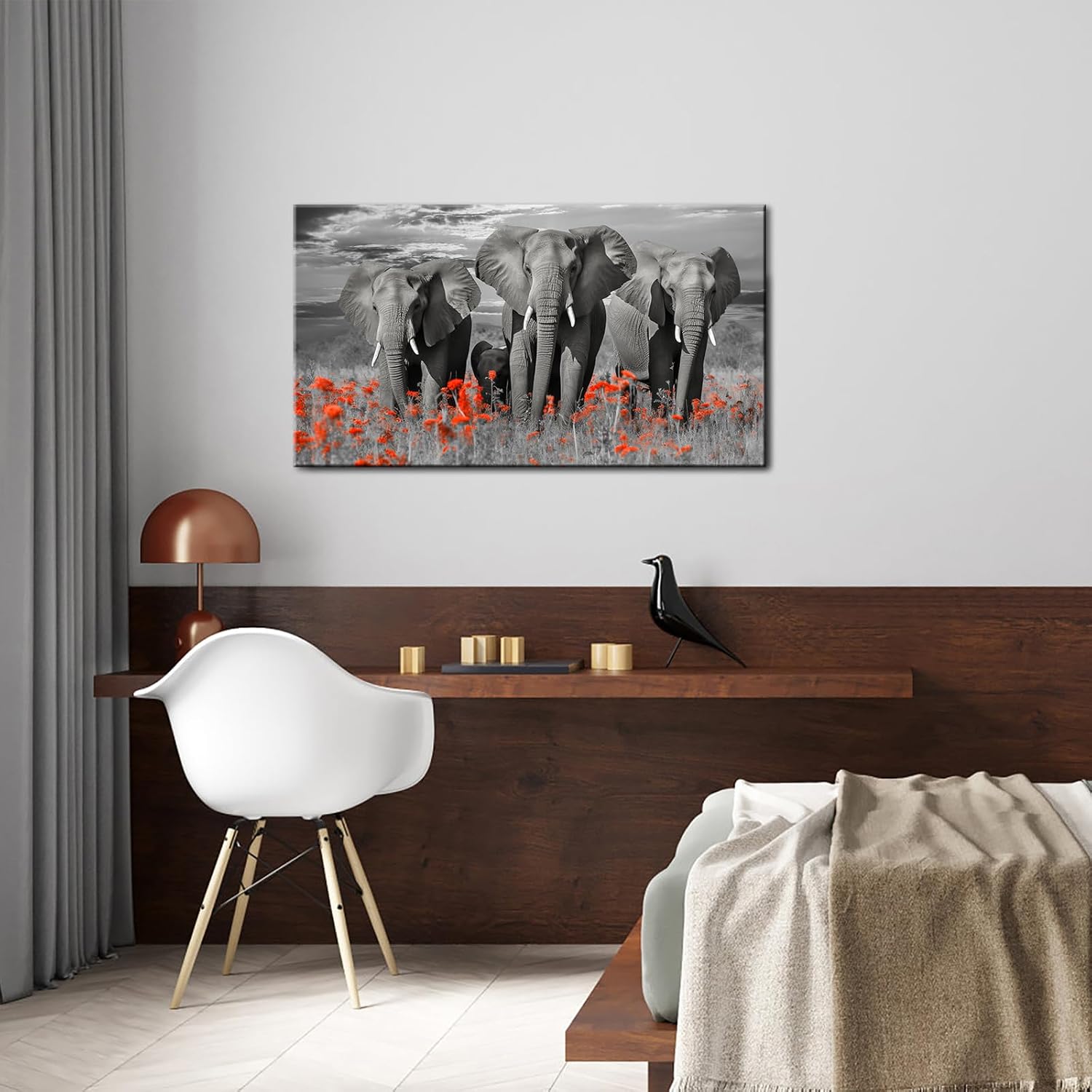 NutArtPic African Elephants Canvas Wall Art Sunset Elephants Pictures Wildlife Animal Artwork Prints On Wrapped Canvas For Home Decor 36''L x 20''W (Black White)