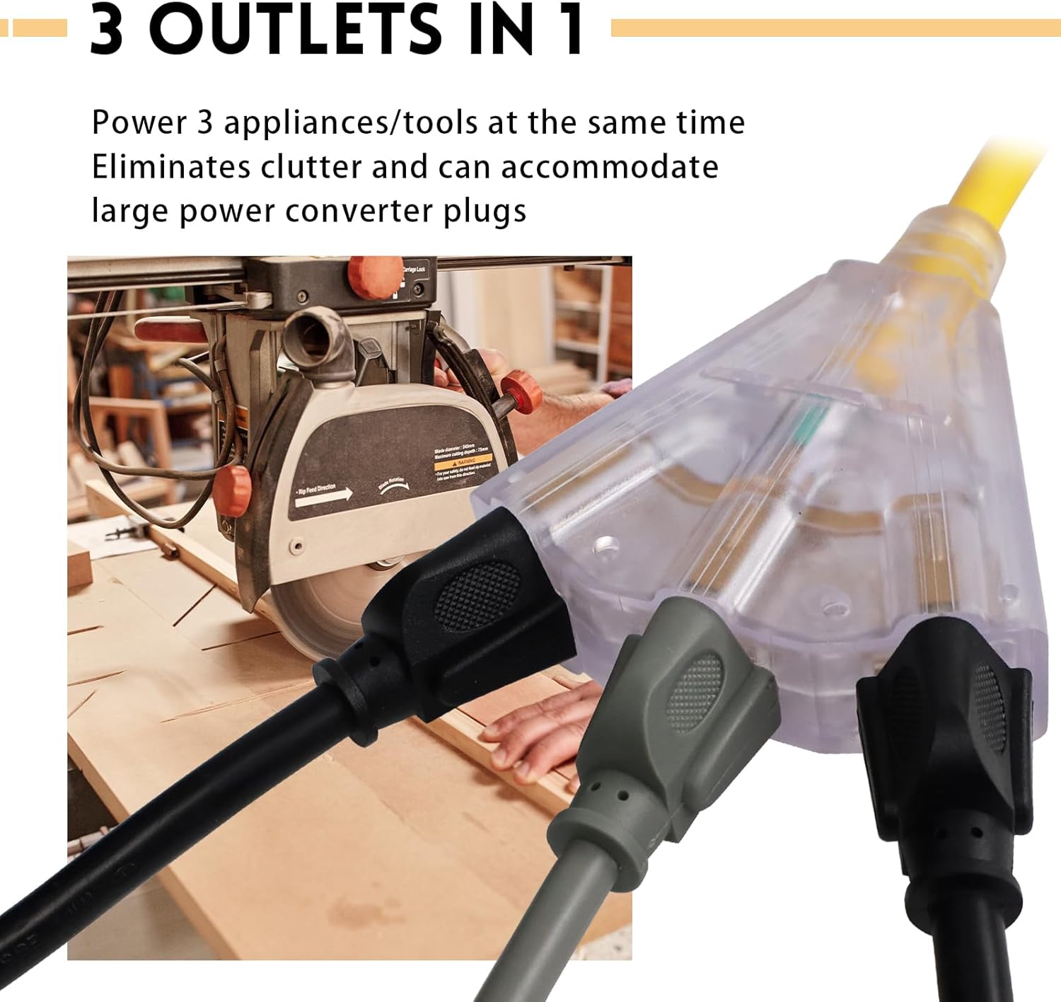 EP 50 Ft Lighted Outdoor Extension Cord with 3 Electrical Power Outlets - 14/3 SJTW Heavy Duty Yellow Extension Cable with 3 Prong Grounded Plug - Power Cord for Lawn, Garden, Appliances