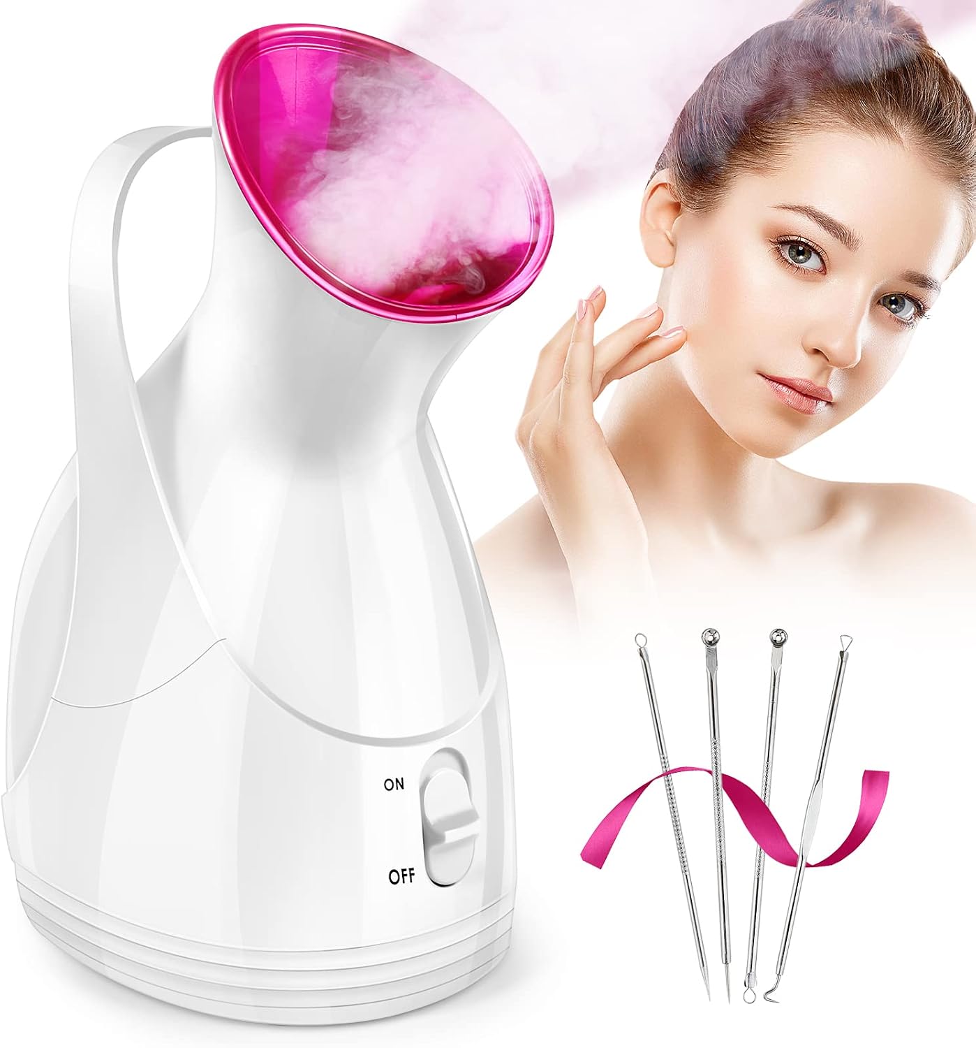 Nano Ionic Vaporizador Facial Steamer for Facial Deep Cleaning Warm Mist Humidifier, Personal Face Steamers Professional Kit Home Spa Portable Facial Bonus 4pcs Stainless Steel Skin Kit for Face Pink