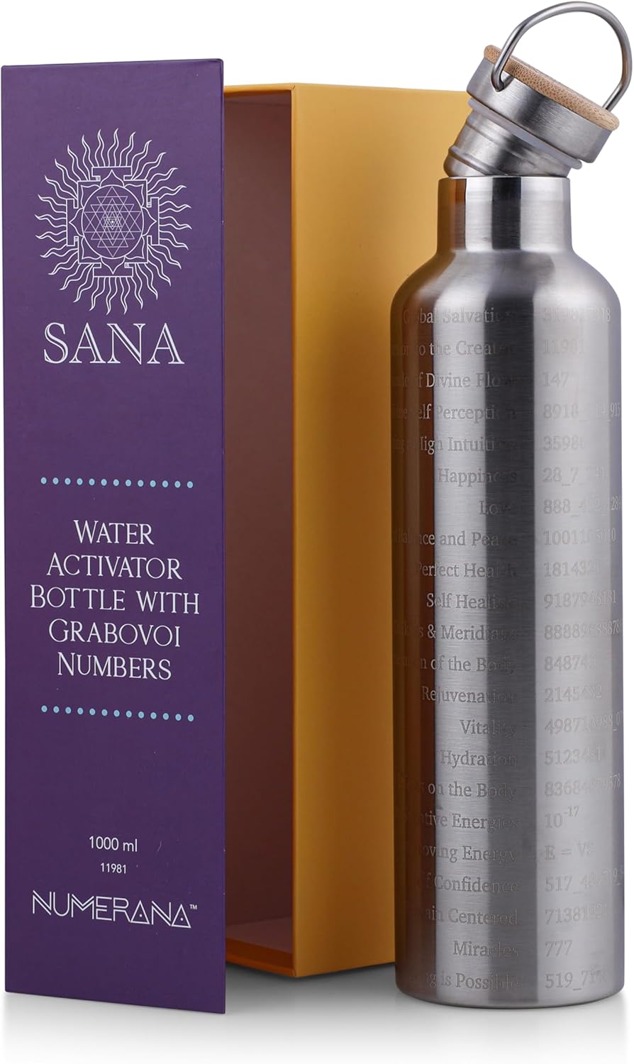 SANA Numerana Grabovoi Water Bottle 1L (34 oz) Stainless Steel | Water Activator Bottle Double-Walled Insulated Silver Bottle with Engraved Grabovoi Numbers (2.0 Version) - Image 3