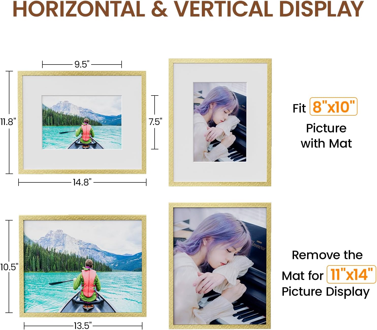Heimlove Gold Aluminum Metal 11x14 Picture Frames with Mat to Display 8x10 Picture Set of 3,Black Picture Frames & Real Tempered Glass for Hanging Diploma,Certificate and Document