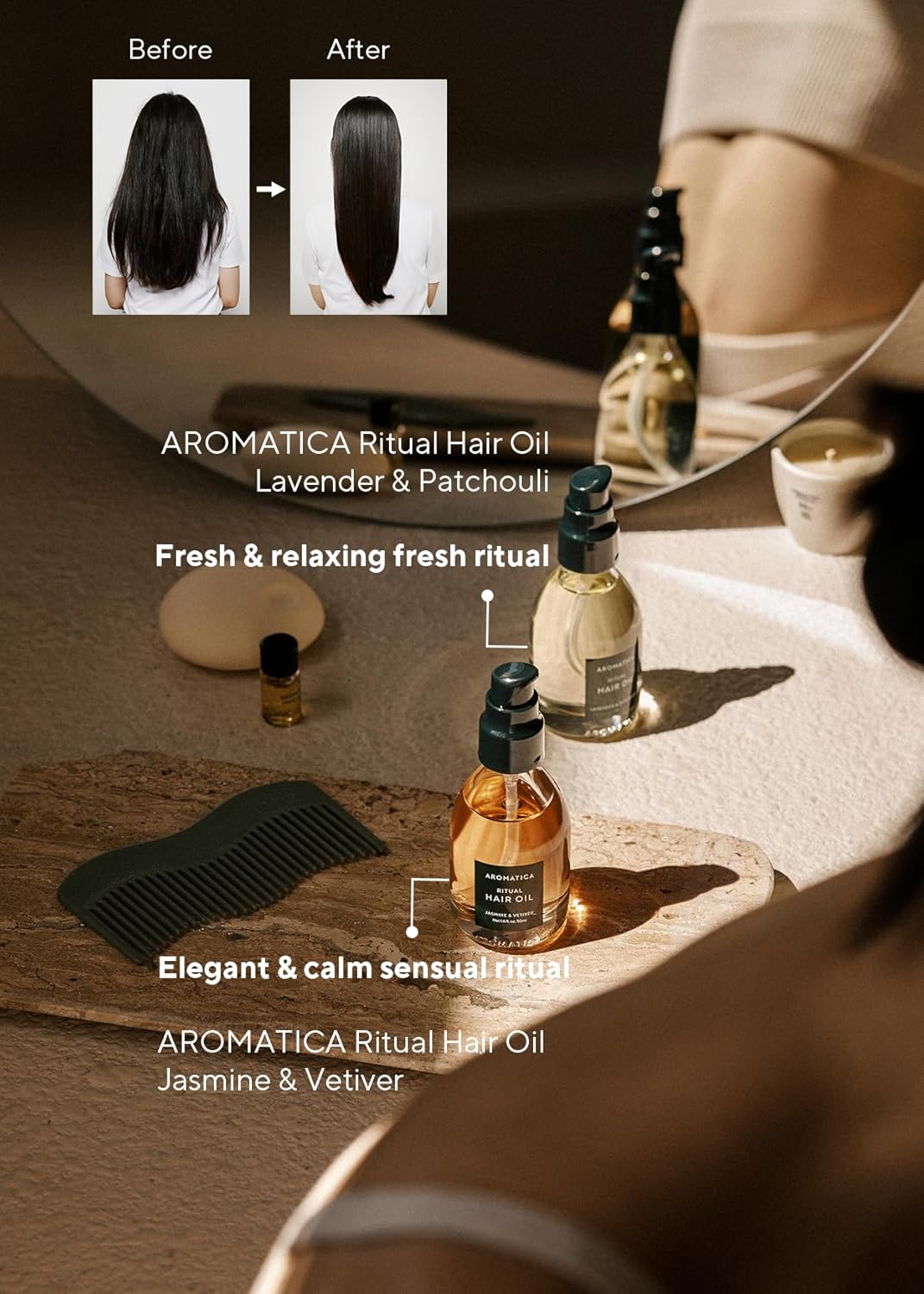 AROMATICA Ritual Jasmine & Vetiver Hair Oil - Adds Shine and Smooths Split Ends - Blow Out Hair Serum for Damaged & Frizzy Hair - Nourishing for Dry Curly Hair - Silicone-Free (1.6 fl oz) - Image 5