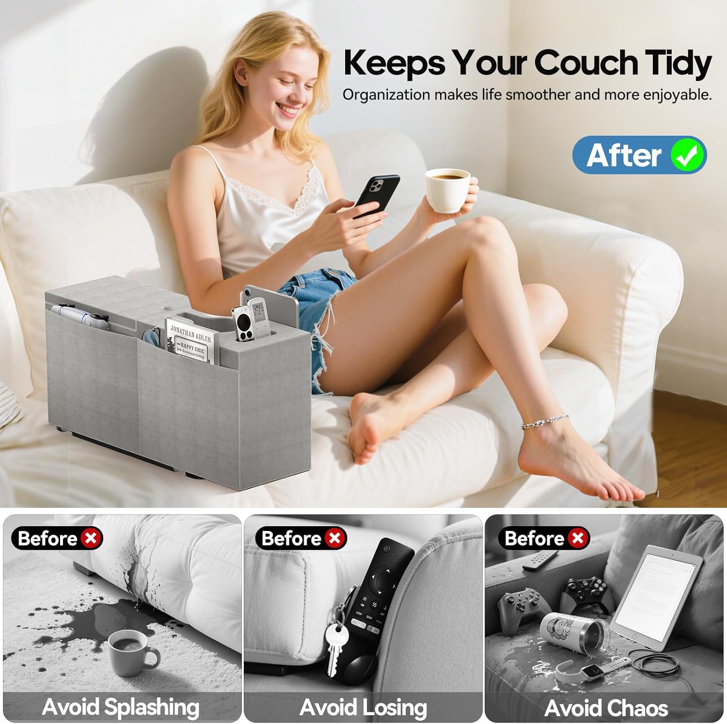 Sofa Armrest Pillow with Cup Holder, Large Removable Couch Armrest Cushion Tray Drink Holder Caddy with 4 Side Pockets for Remote, Glasses, Phone, Game Controller, iPad and Magazines-9.45in Height - Image 6
