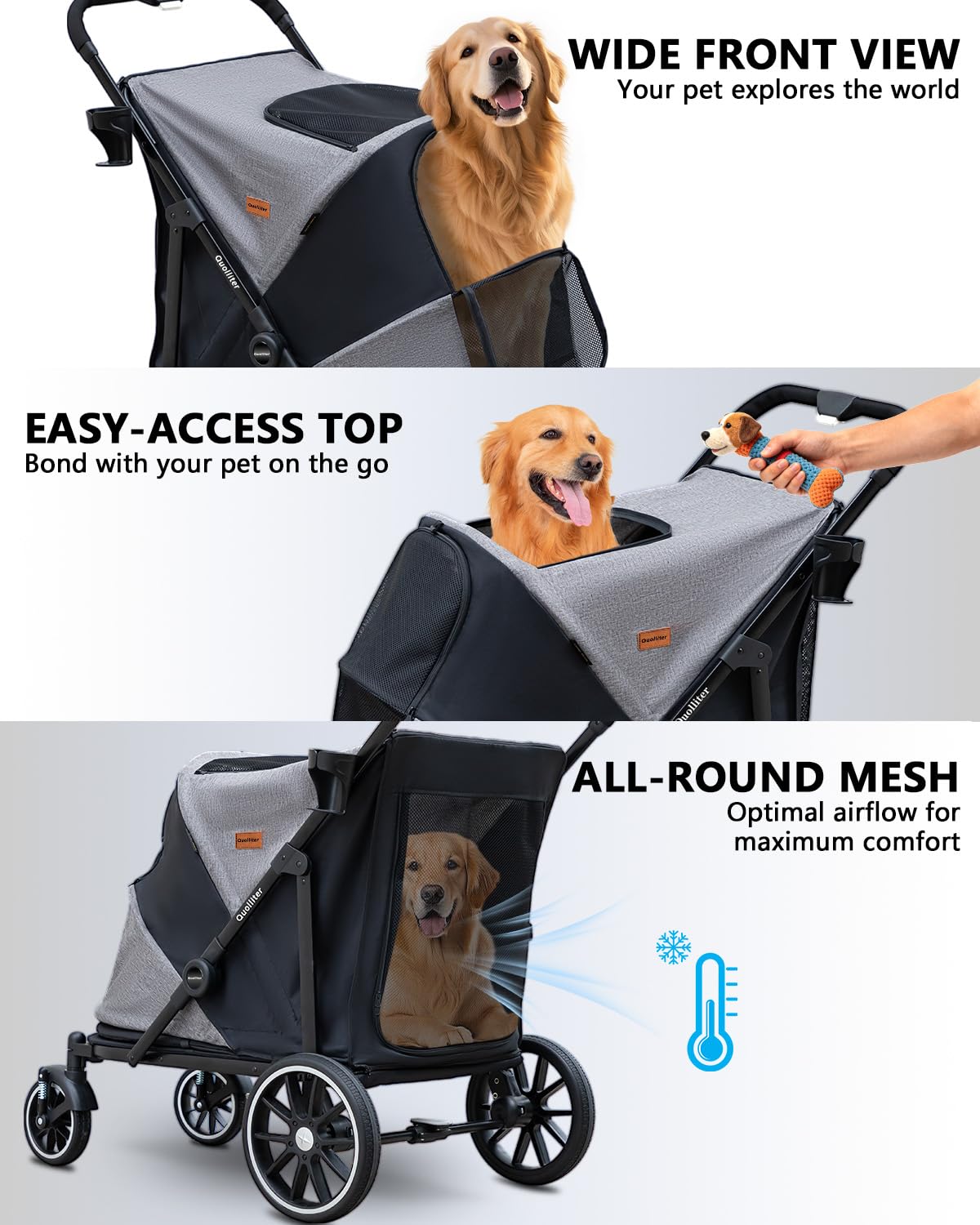 Passeggino pieghevole con un pulsante fino a 50 kg, per cani di grandi dimensioni, per 2 gatti di grandi dimensioni, ruote in gomma resistente all'usura a 360°